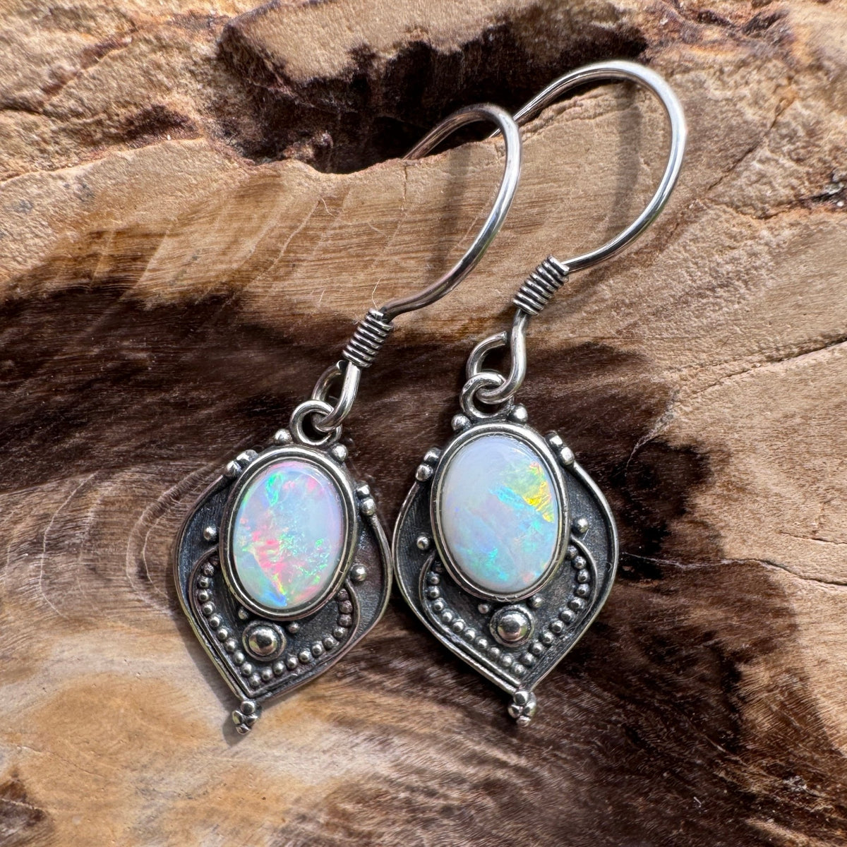 0.9ct Coober Pedy Opal Hook Earrings ~ 'Mount Gambier Fire' | 925 Sterling Silver | Solid Australian Opal