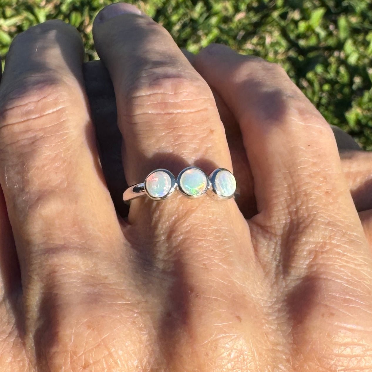 0.9ct Coober Pedy Opal Trio Ring ~ 'Yarra Valley Fire' | 925 Sterling Silver | Solid Australian Opal