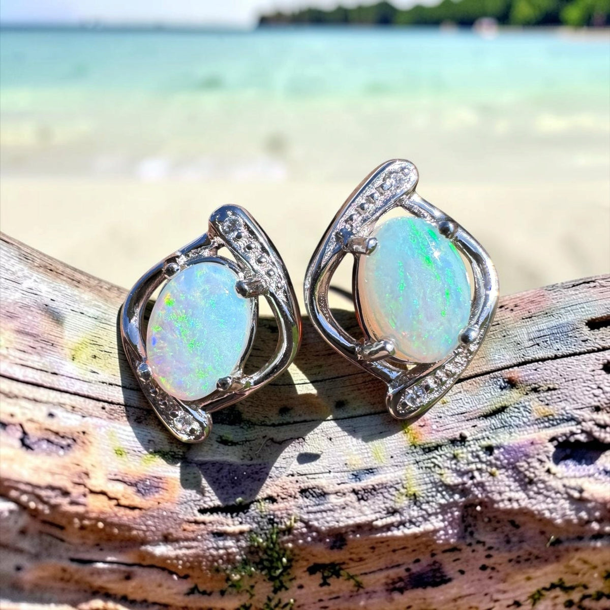 0.9ct Lightning Ridge Opal & Cubic Zirconia Stud Earrings ~ 'Merimbula Blues' | 925 Sterling Silver | Solid Australian Opal