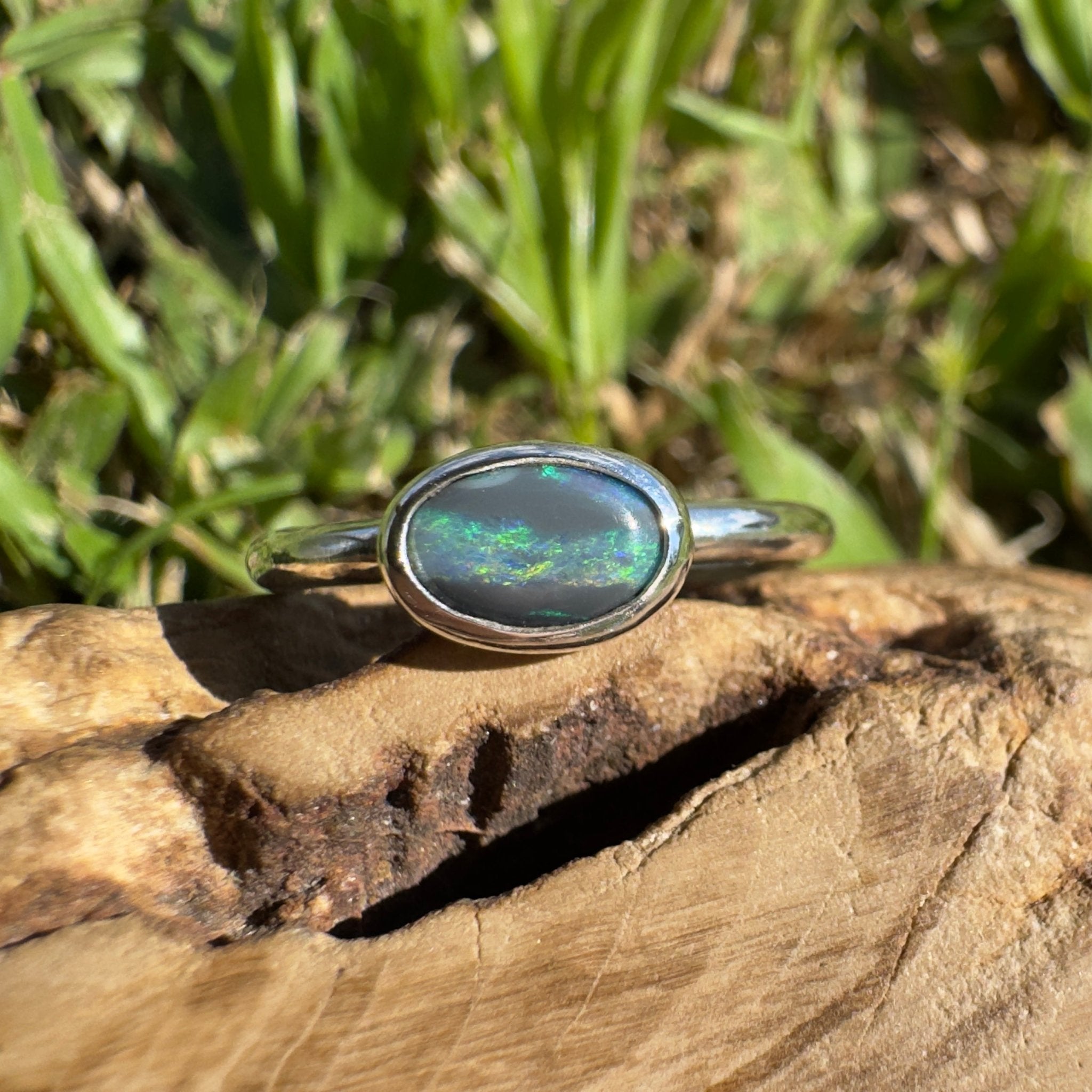 0.9ct Lightning Ridge Semi Black Opal Ring ~ 'Rainforest Break' | 925 Sterling Silver | Solid Australian Opal