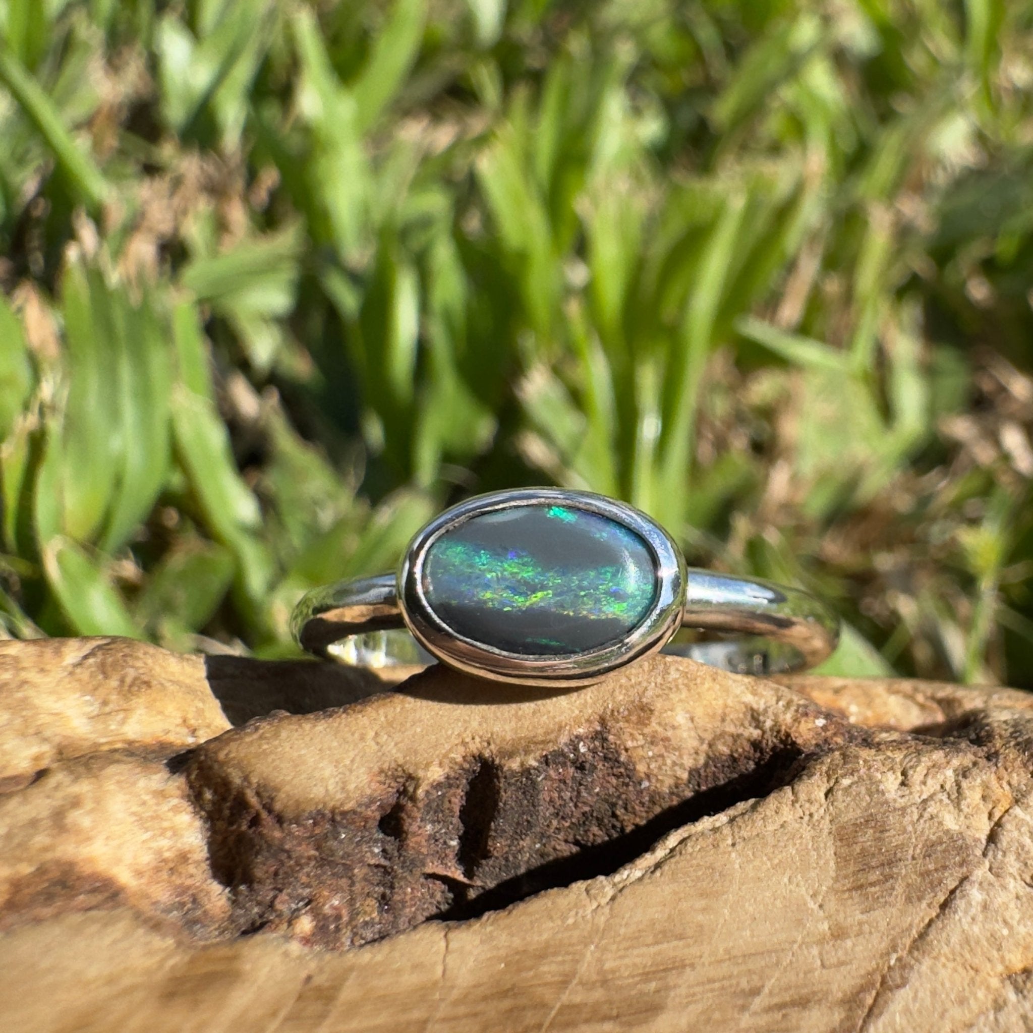 0.9ct Lightning Ridge Semi Black Opal Ring ~ 'Rainforest Break' | 925 Sterling Silver | Solid Australian Opal