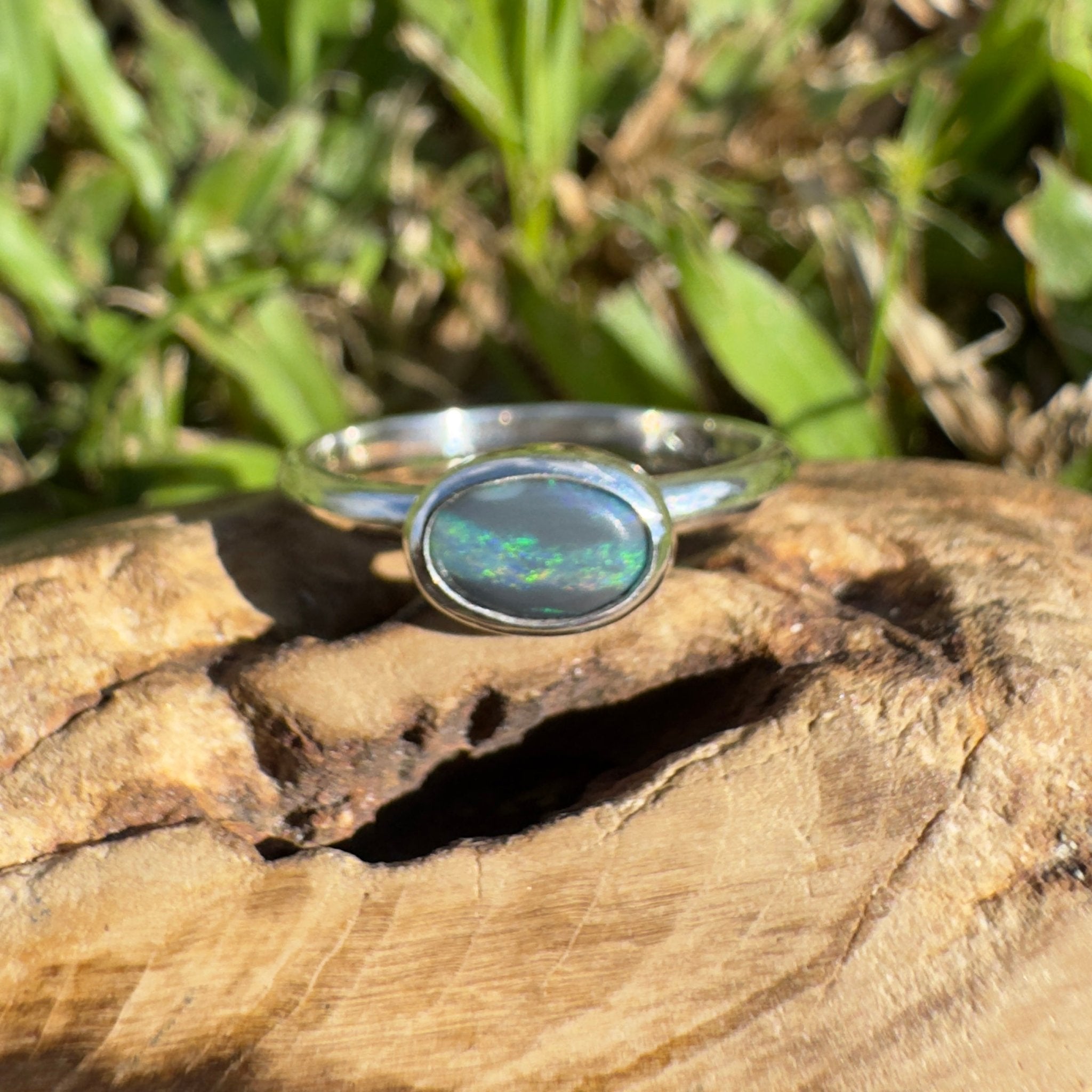 0.9ct Lightning Ridge Semi Black Opal Ring ~ 'Rainforest Break' | 925 Sterling Silver | Solid Australian Opal