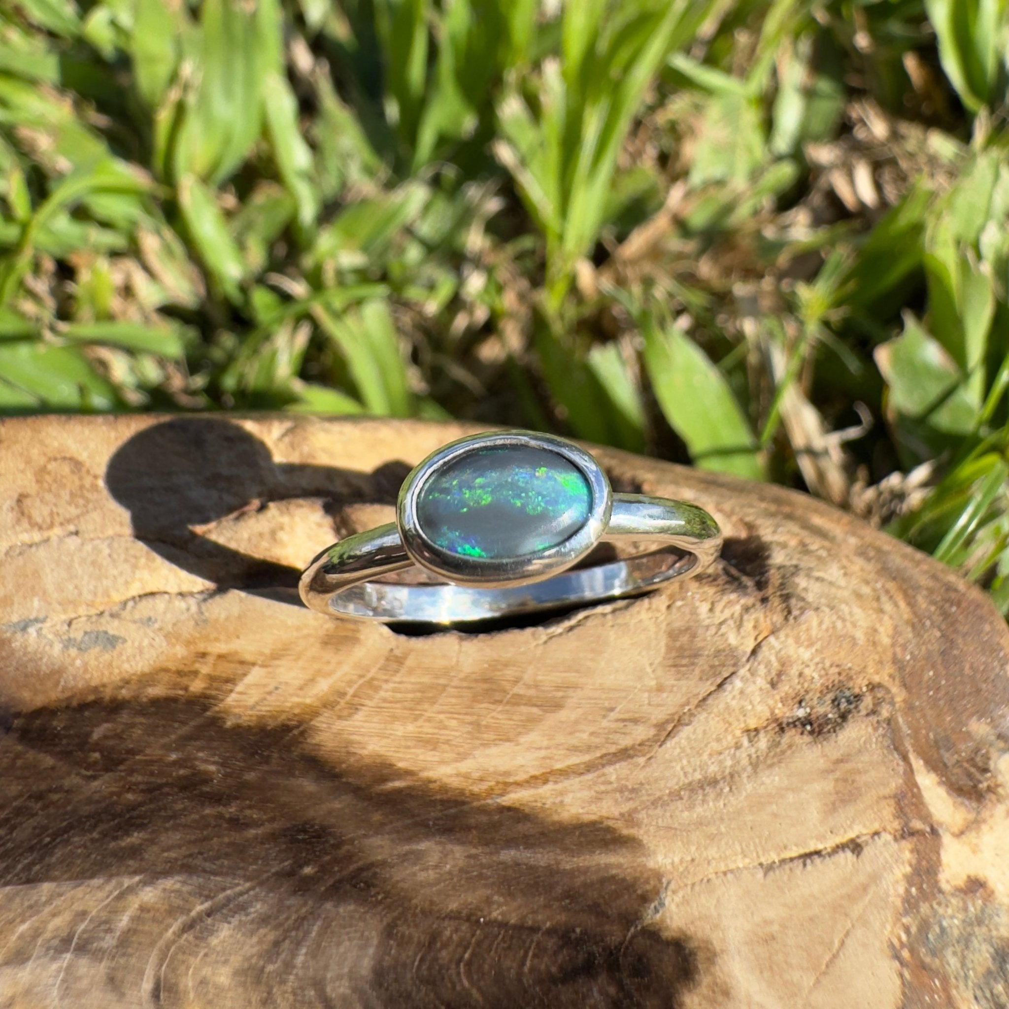 0.9ct Lightning Ridge Semi Black Opal Ring ~ 'Rainforest Break' | 925 Sterling Silver | Solid Australian Opal