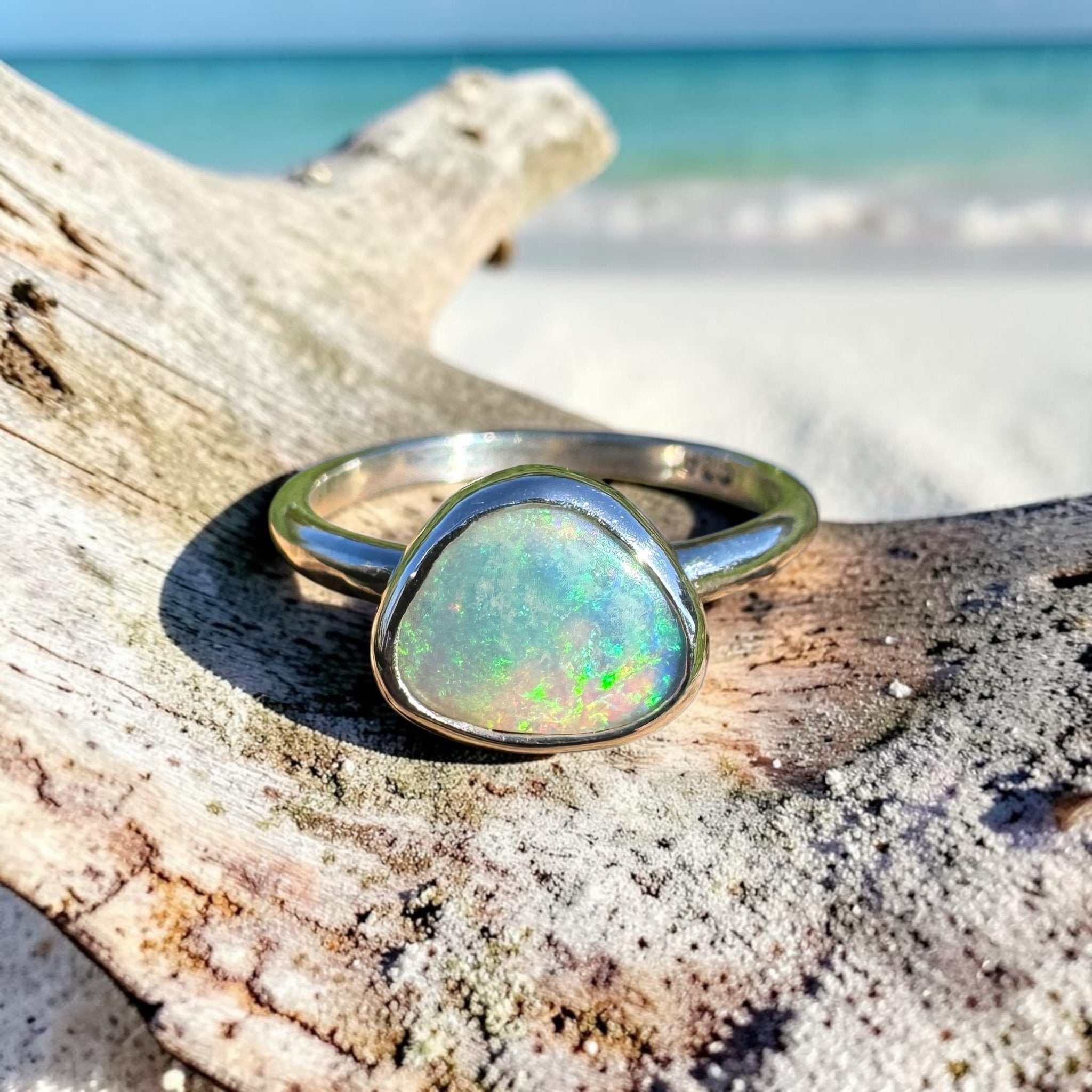 0.9ct Lightning Ridge Semi Black Opal Ring ~ 'Snowy River Rush' | Solid Australian Opal | Hand-Cut