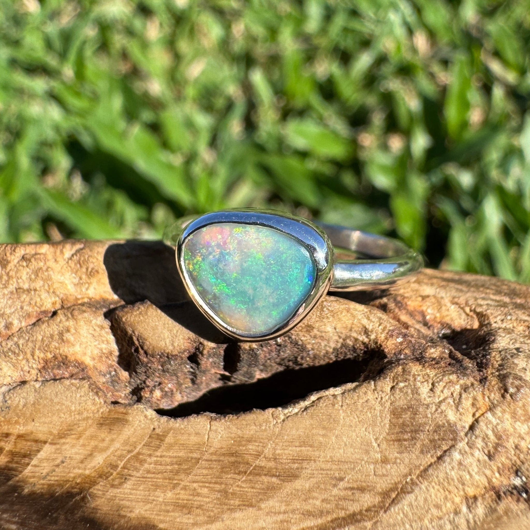 0.9ct Lightning Ridge Semi Black Opal Ring ~ 'Snowy River Rush' | Solid Australian Opal | Hand-Cut