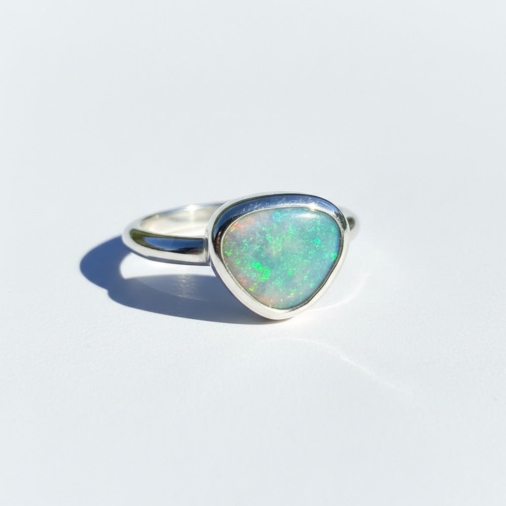 0.9ct Lightning Ridge Semi Black Opal Ring ~ 'Snowy River Rush' | Solid Australian Opal | Hand-Cut