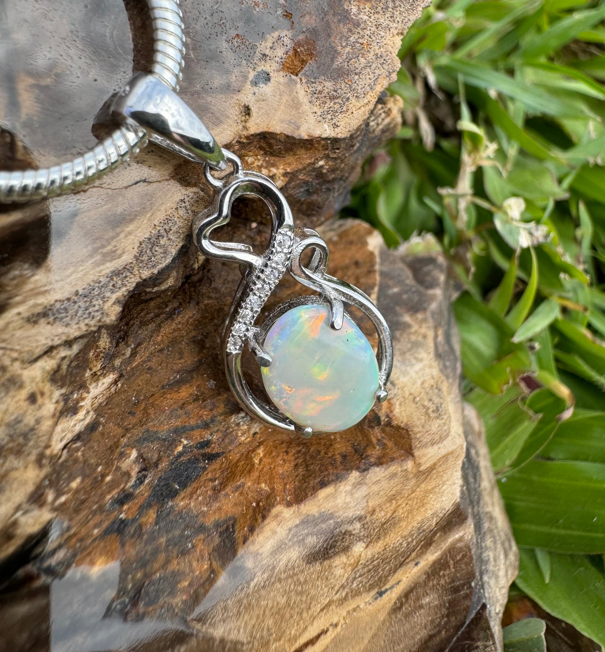 Handcrafted 1.0ct Solid Lightning Ridge Opal and Cubic Zirconia Sterling Silver Pendant Necklace - Iona Opal Australia