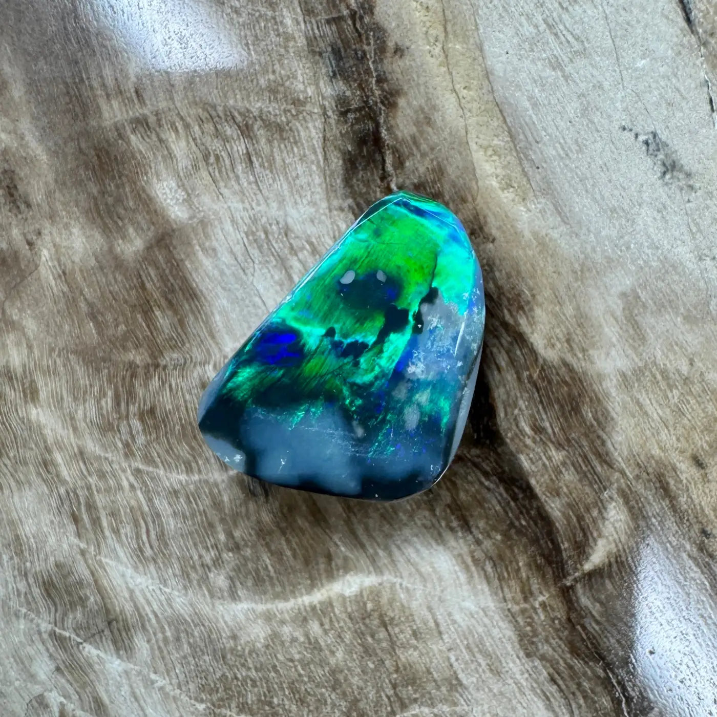 Iridescent green and blue Lightning Ridge Black Opal in 1.2ct hand-cut solid display