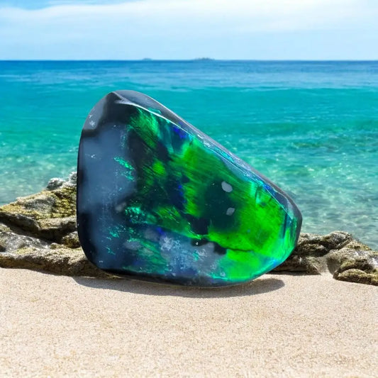 Iridescent green and blue gemstone from 1.2ct Hand-Cut Solid Lightning Ridge Black Opal