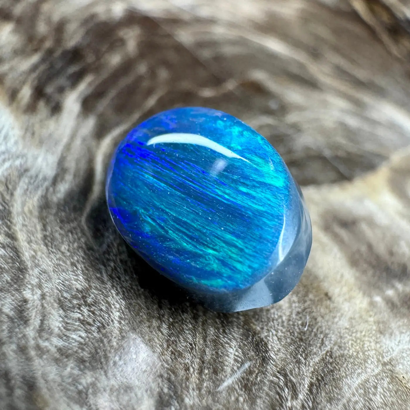 Polished blue opal cabochon showcasing vibrant coloration in the 1.4ct Hand-Cut Solid Lightning Ridge Semi Black Opal