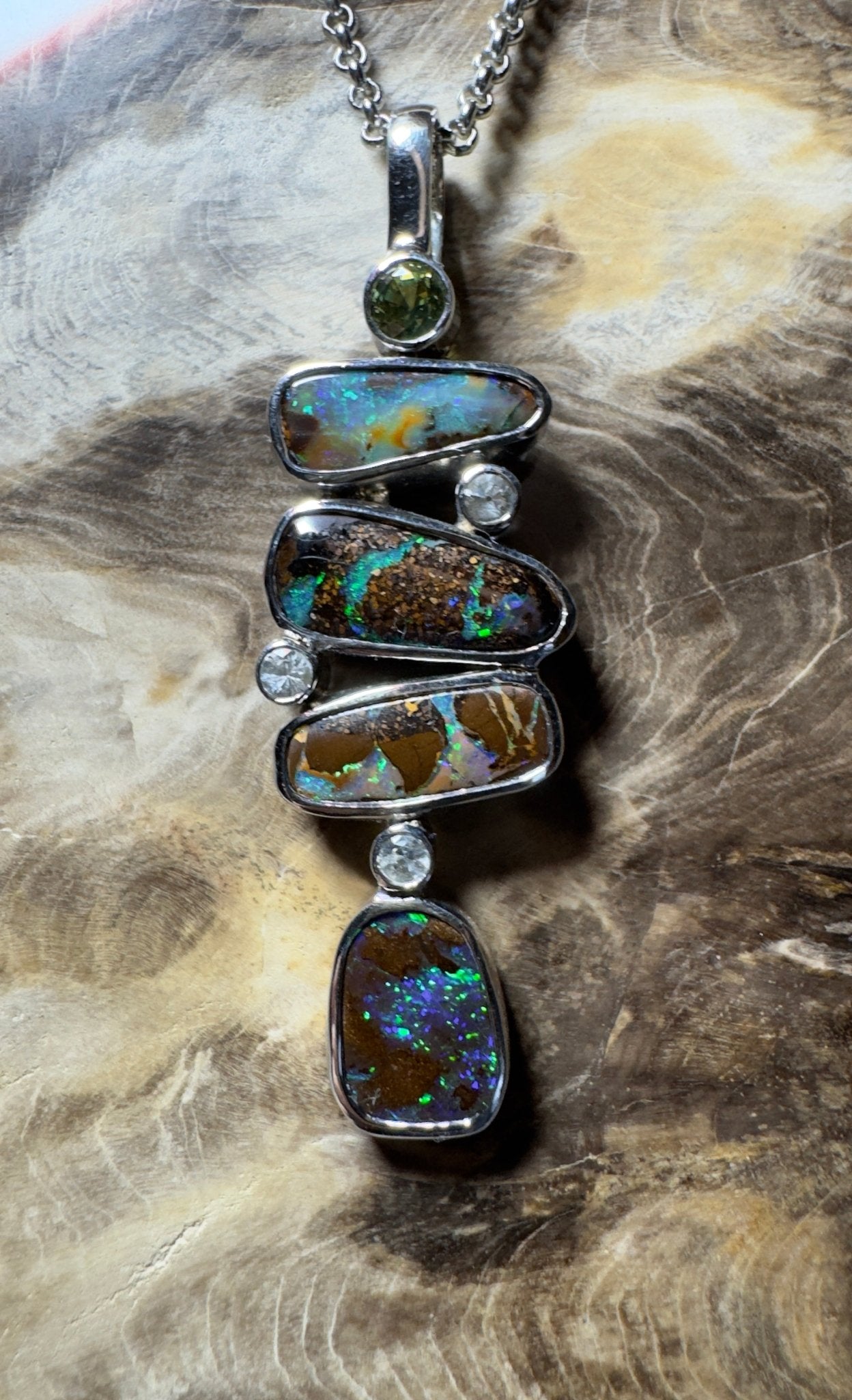 10ct Queensland Boulder Opal Pendant Necklace with 0.6ct Green Sapphire & 0.2ct White Sapphire ~ 'Daintree Dreamscape' | 925 Sterling Silver | Solid Australian Opal