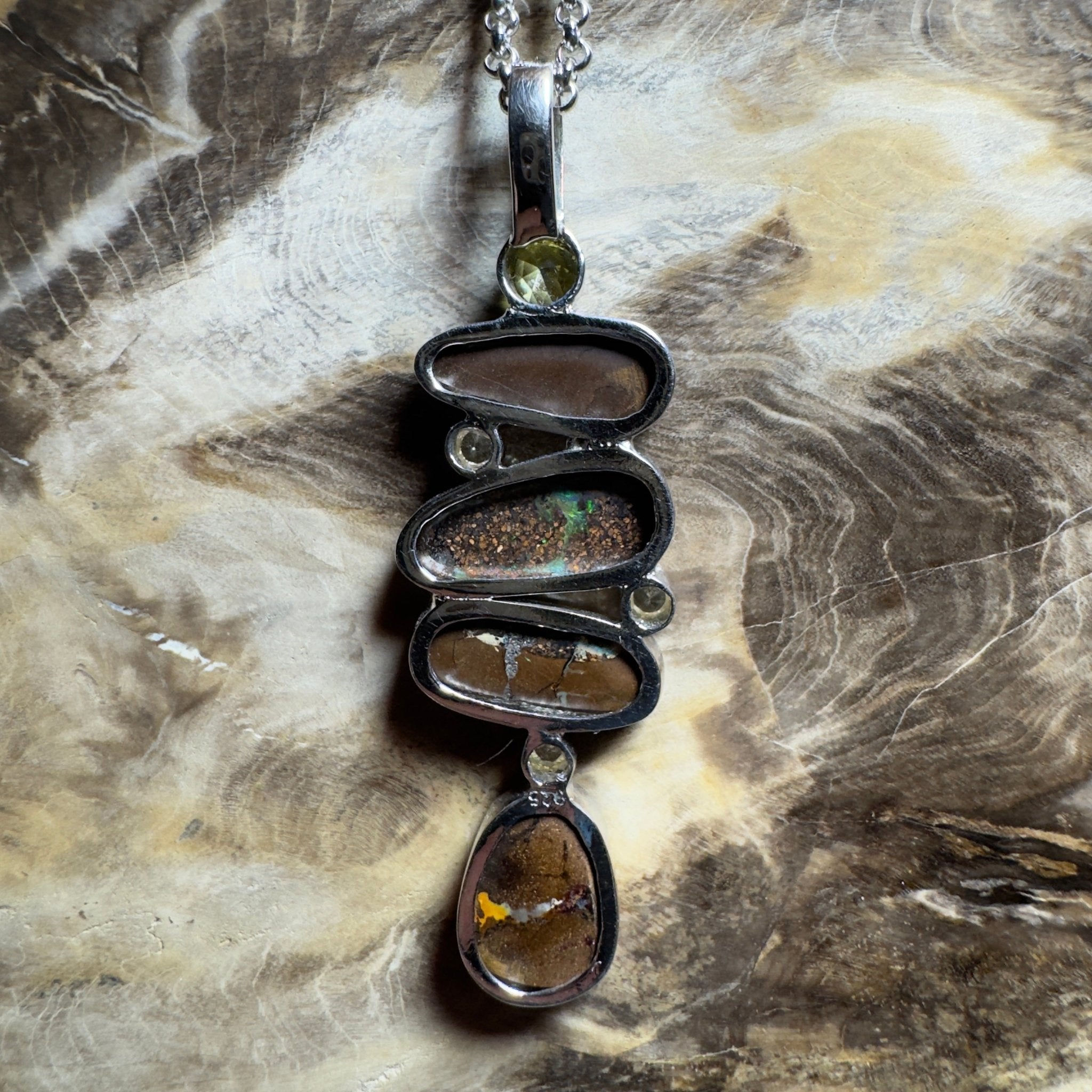 10ct Queensland Boulder Opal Pendant Necklace with 0.6ct Green Sapphire & 0.2ct White Sapphire ~ 'Daintree Dreamscape' | 925 Sterling Silver | Solid Australian Opal
