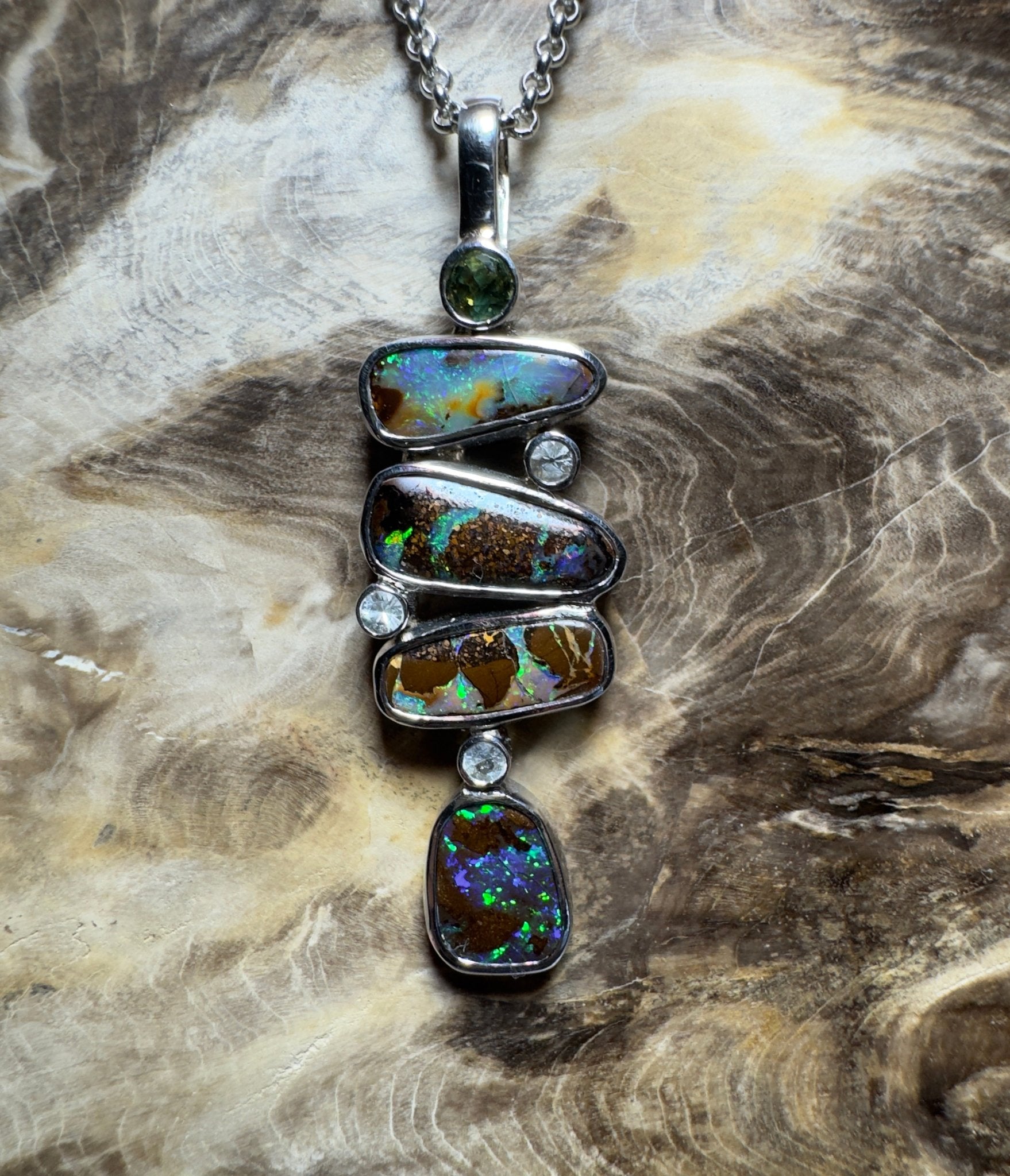 10ct Queensland Boulder Opal Pendant Necklace with 0.6ct Green Sapphire & 0.2ct White Sapphire ~ 'Daintree Dreamscape' | 925 Sterling Silver | Solid Australian Opal