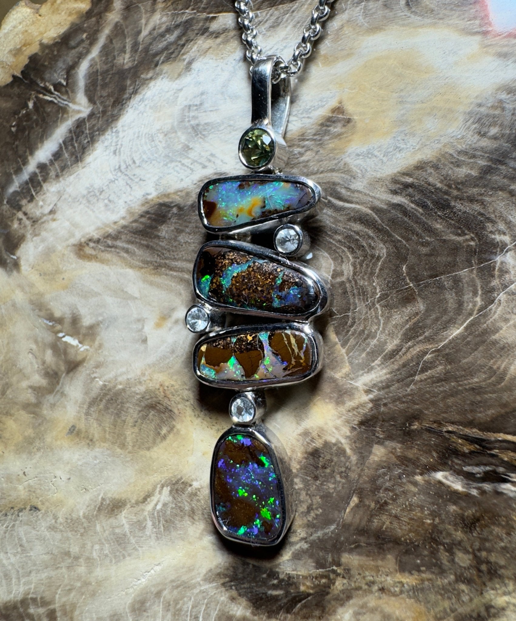 10ct Queensland Boulder Opal Pendant Necklace with 0.6ct Green Sapphire & 0.2ct White Sapphire ~ 'Daintree Dreamscape' | 925 Sterling Silver | Solid Australian Opal