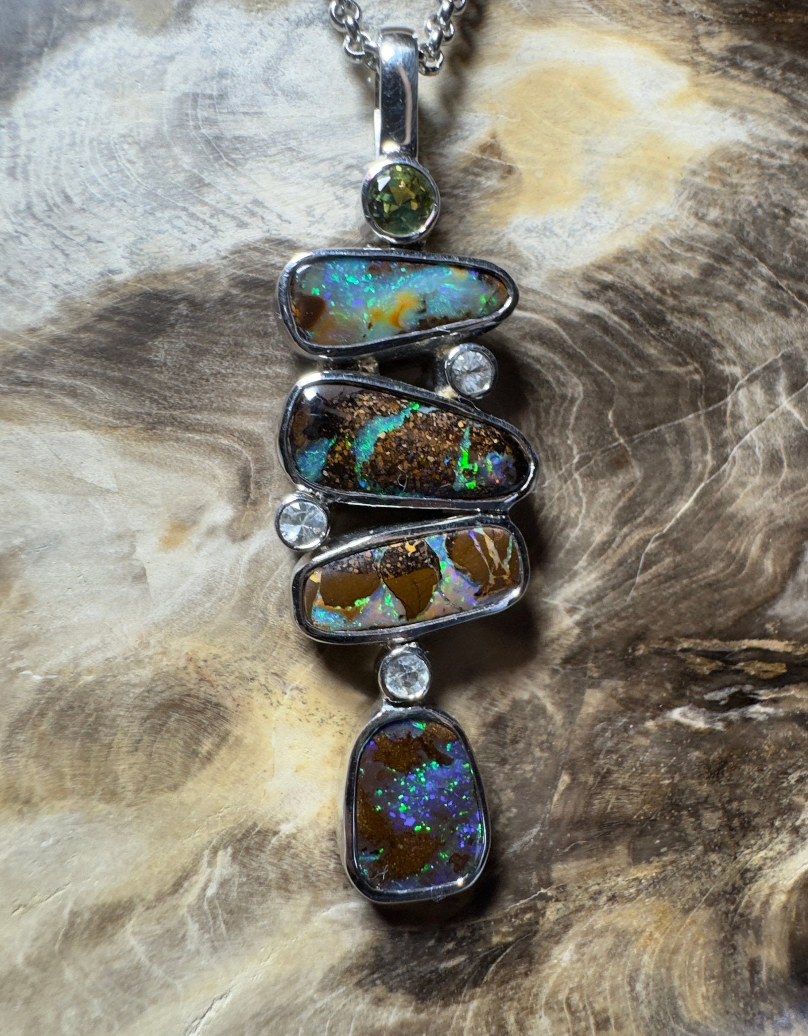 10ct Queensland Boulder Opal Pendant Necklace with 0.6ct Green Sapphire & 0.2ct White Sapphire ~ 'Daintree Dreamscape' | 925 Sterling Silver | Solid Australian Opal