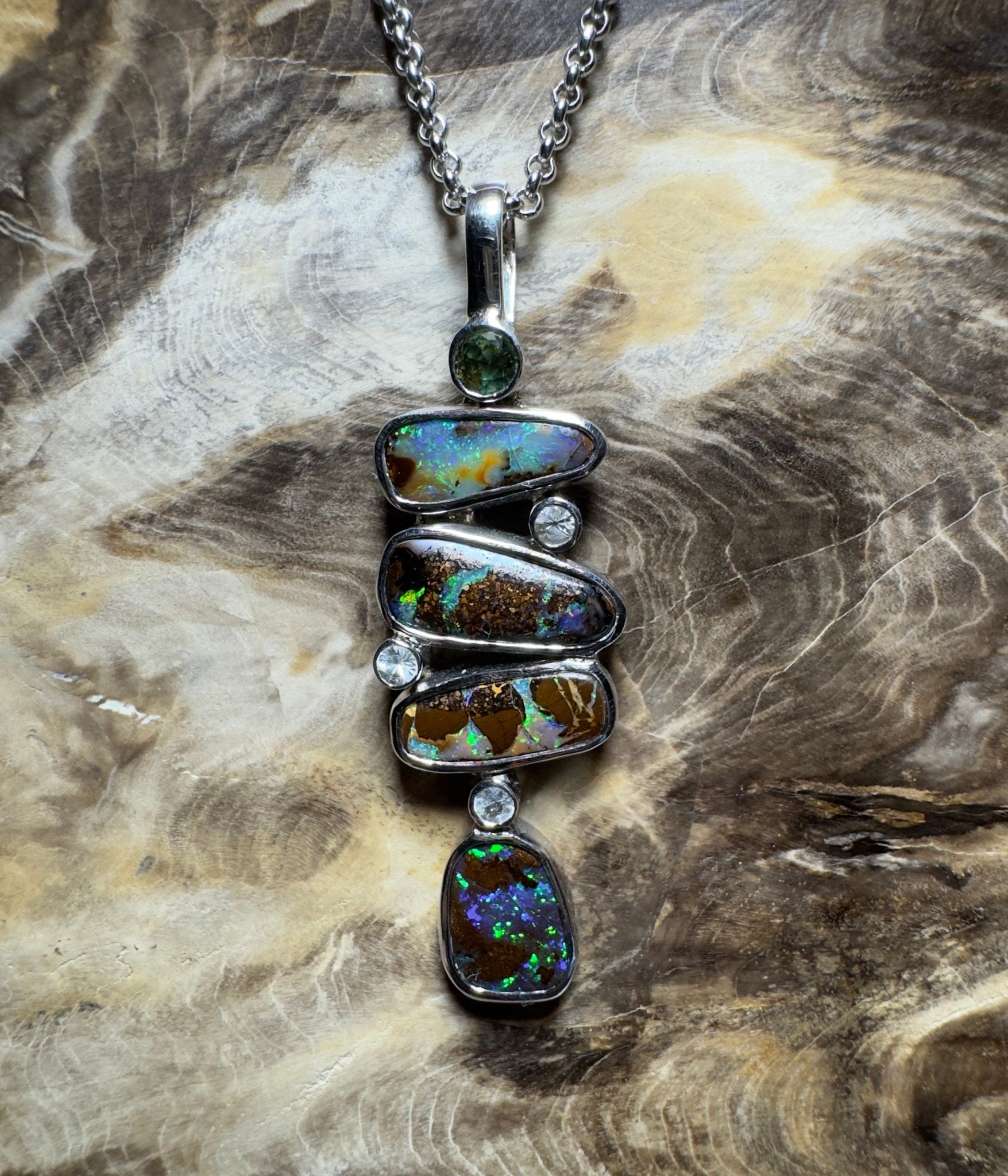 10ct Queensland Boulder Opal Pendant Necklace with 0.6ct Green Sapphire & 0.2ct White Sapphire ~ 'Daintree Dreamscape' | 925 Sterling Silver | Solid Australian Opal