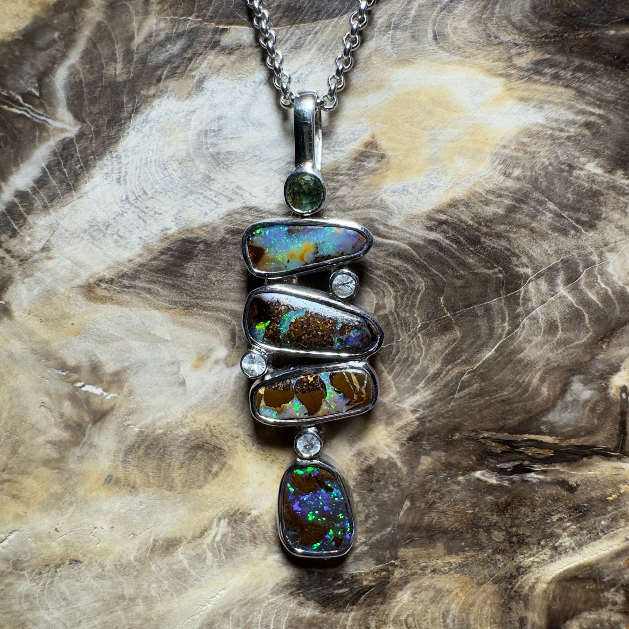 10ct Queensland Boulder Opal Pendant Necklace with 0.6ct Green Sapphire & 0.2ct White Sapphire ~ 'Daintree Dreamscape' | 925 Sterling Silver | Solid Australian Opal