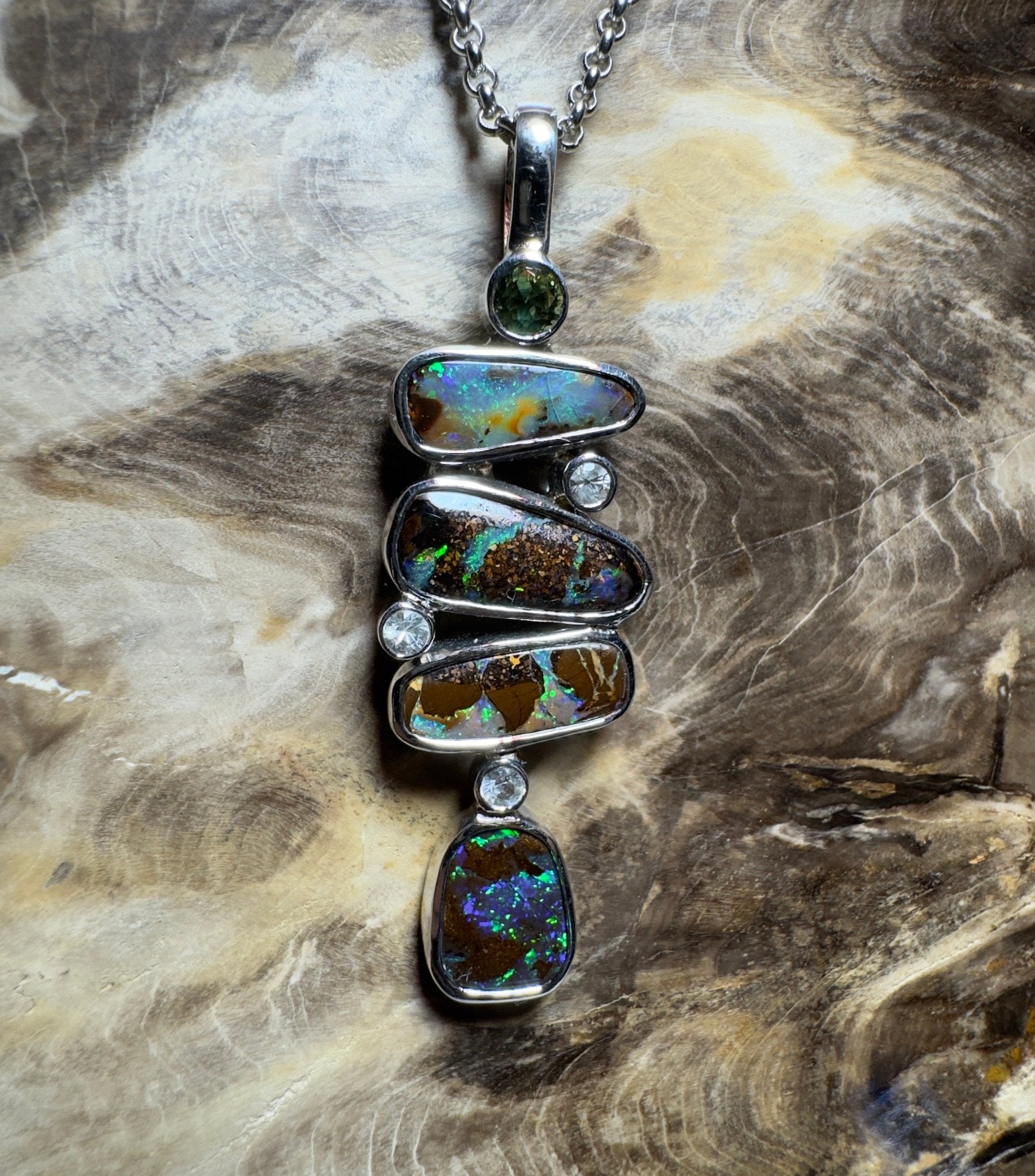 10ct Queensland Boulder Opal Pendant Necklace with 0.6ct Green Sapphire & 0.2ct White Sapphire ~ 'Daintree Dreamscape' | 925 Sterling Silver | Solid Australian Opal