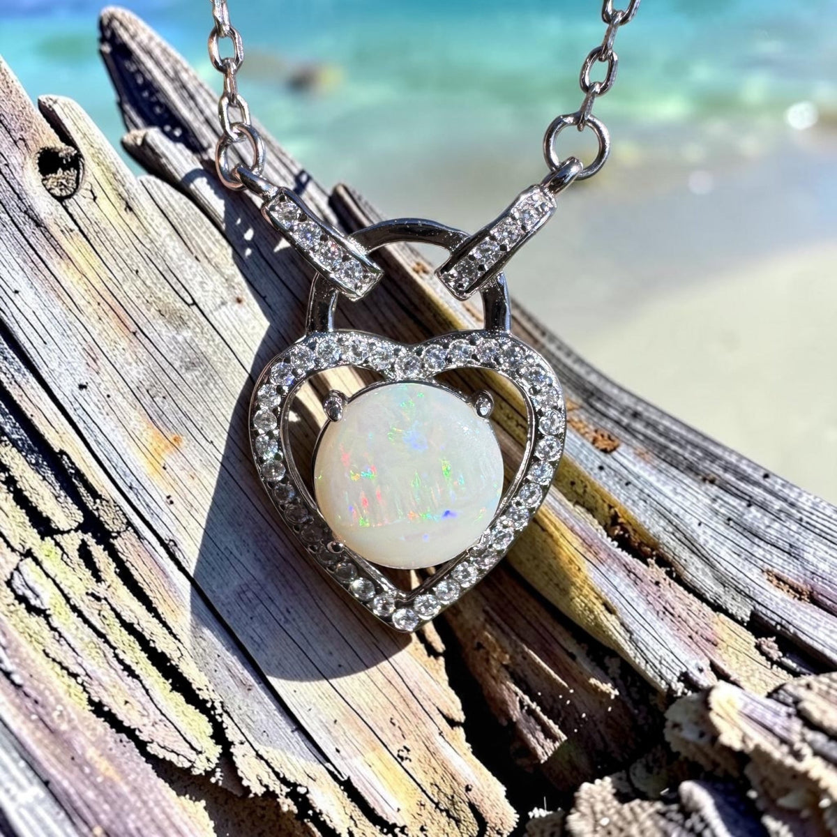 1.1ct Coober Pedy Opal & Cubic Zirconia Pendant Necklace ~ 'Lake Cave Glow' | 925 Sterling Silver | Solid Australian Opal