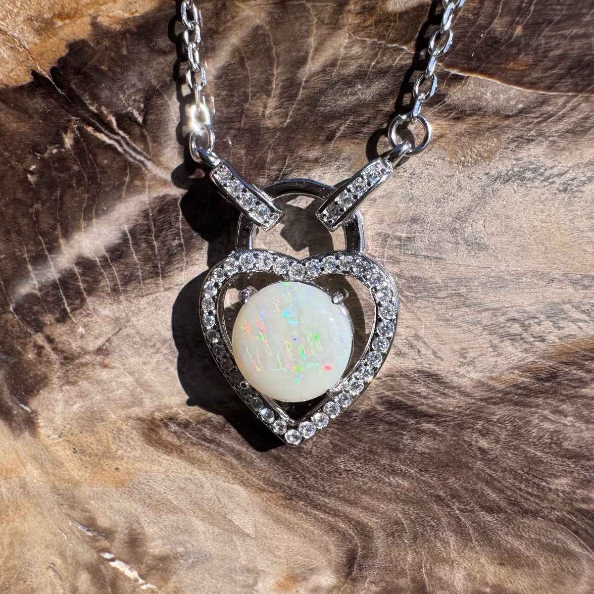 1.1ct Coober Pedy Opal & Cubic Zirconia Pendant Necklace ~ 'Lake Cave Glow' | 925 Sterling Silver | Solid Australian Opal