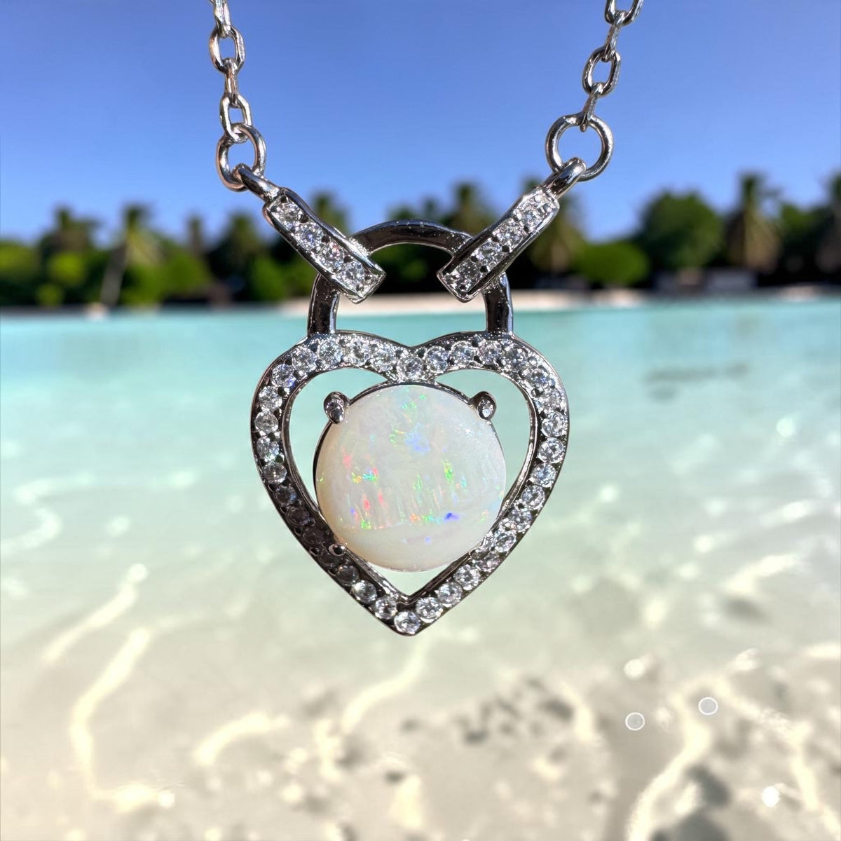 1.1ct Coober Pedy Opal & Cubic Zirconia Pendant Necklace ~ 'Lake Cave Glow' | 925 Sterling Silver | Solid Australian Opal