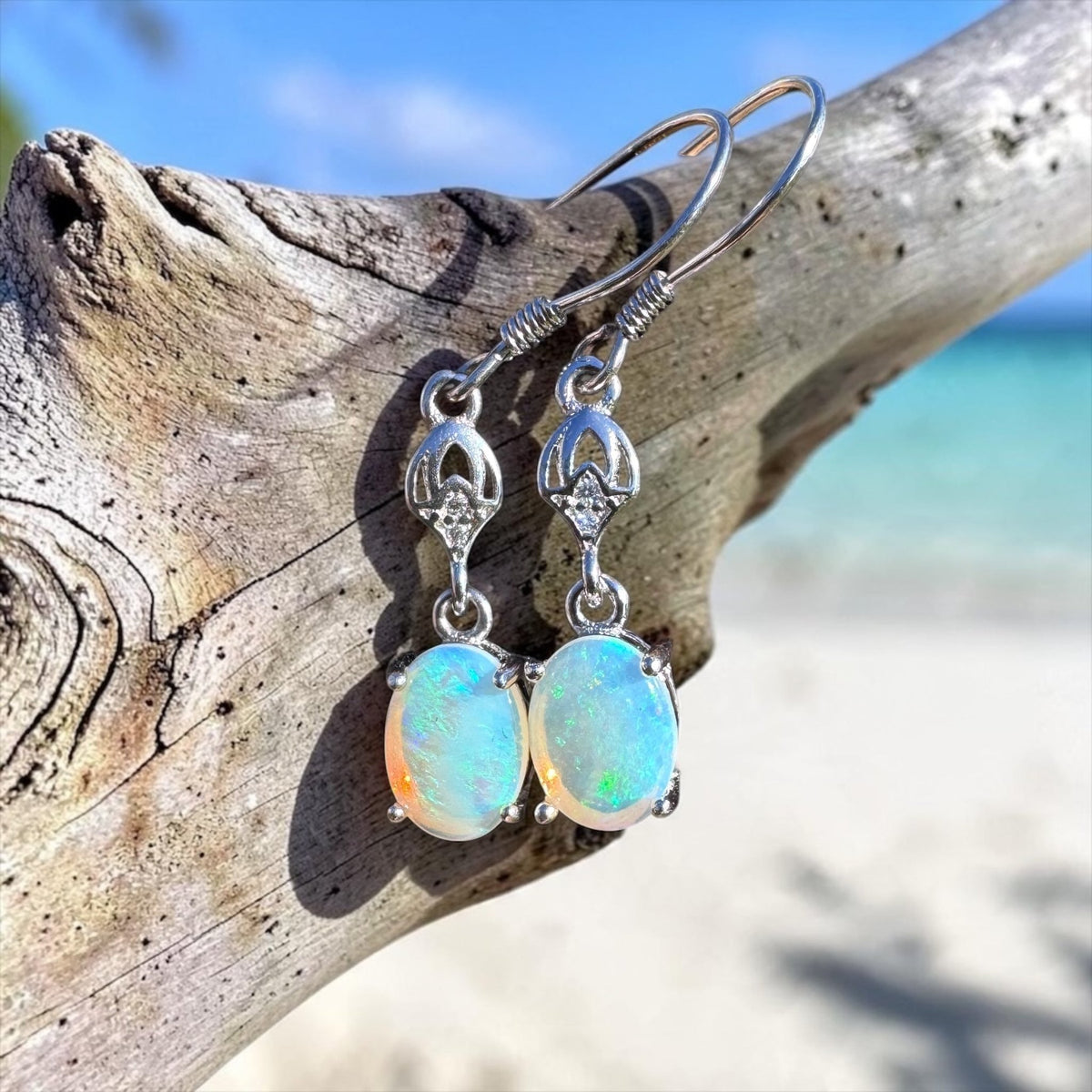 1.2ct Coober Pedy Crystal Opal & Cubic Zirconia Hook Earrings ~ 'Purling Brook Drops' | 925 Sterling Silver | Solid Australian Opal