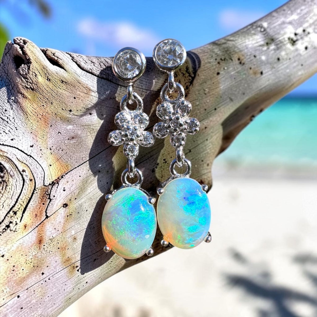 1.2ct Coober Pedy Crystal Opal & Cubic Zirconia Stud Drop Earrings ~ 'Wallaman Falls Drops' | 925 Sterling Silver | Solid Australian Opal