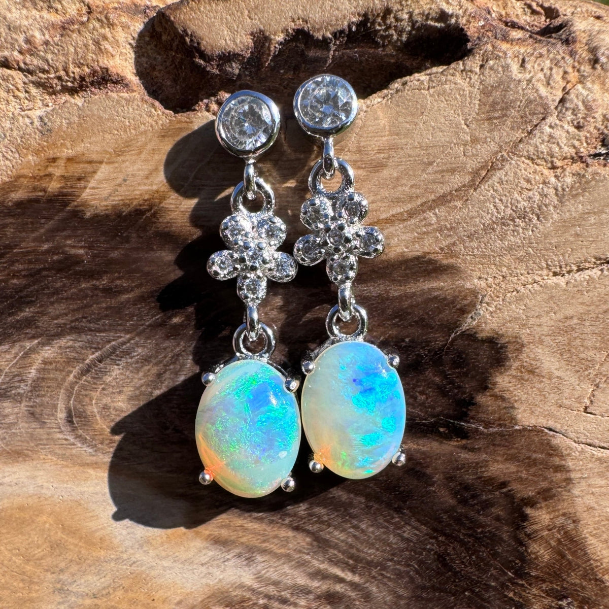 1.2ct Coober Pedy Crystal Opal & Cubic Zirconia Stud Drop Earrings ~ 'Wallaman Falls Drops' | 925 Sterling Silver | Solid Australian Opal