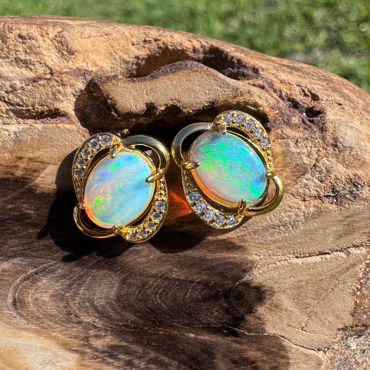 1.2ct Coober Pedy Crystal Opal & Cubic Zirconia Stud Earrings ~ 'Ravenswood Gold' | Yellow Gold Coated 925 Sterling Silver | Solid Australian Opal