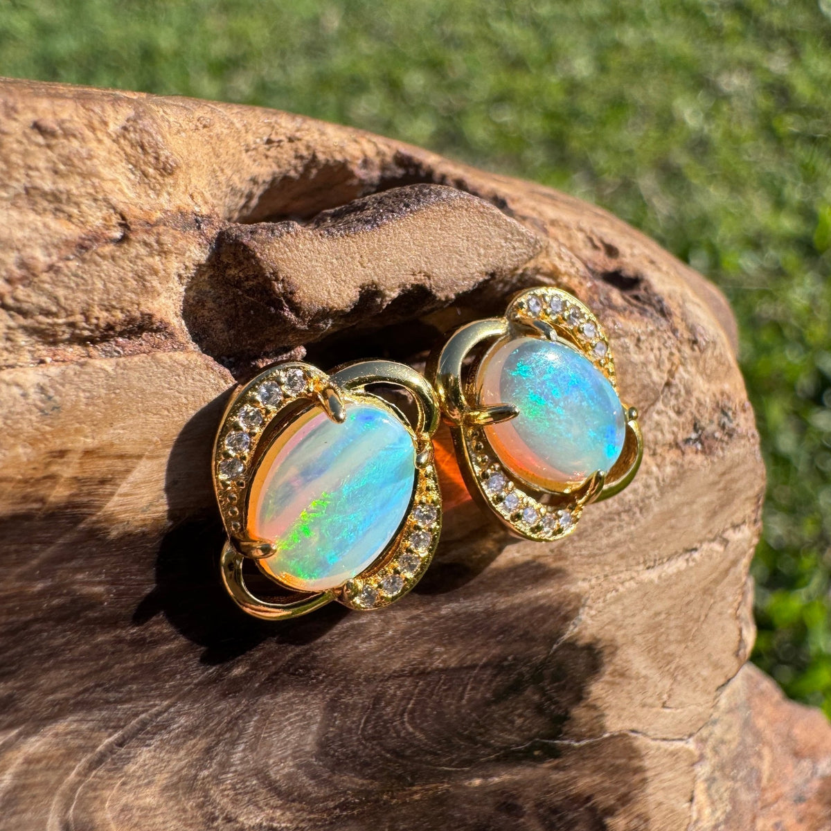 1.2ct Coober Pedy Crystal Opal & Cubic Zirconia Stud Earrings ~ 'Ravenswood Gold' | Yellow Gold Coated 925 Sterling Silver | Solid Australian Opal