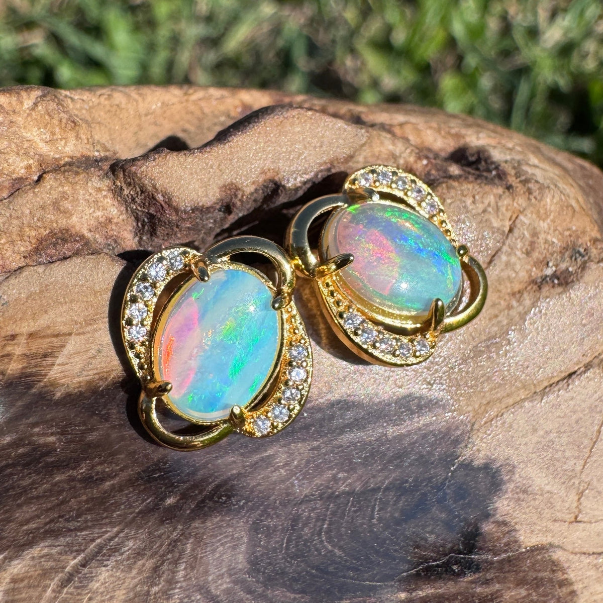 1.2ct Coober Pedy Crystal Opal & Cubic Zirconia Stud Earrings ~ 'Ravenswood Gold' | Yellow Gold Coated 925 Sterling Silver | Solid Australian Opal