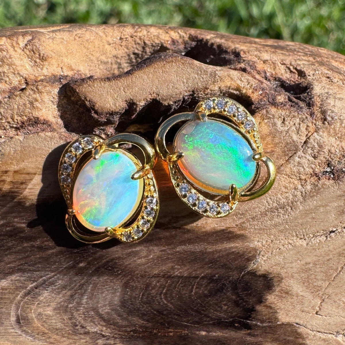 1.2ct Coober Pedy Crystal Opal & Cubic Zirconia Stud Earrings ~ 'Ravenswood Gold' | Yellow Gold Coated 925 Sterling Silver | Solid Australian Opal