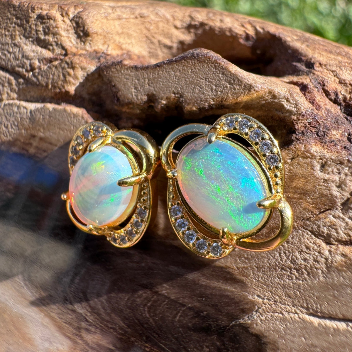 1.2ct Coober Pedy Crystal Opal & Cubic Zirconia Stud Earrings ~ 'Ravenswood Gold' | Yellow Gold Coated 925 Sterling Silver | Solid Australian Opal