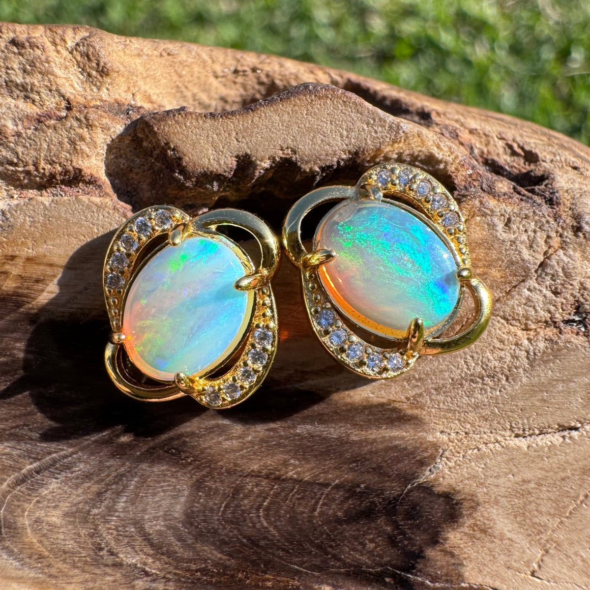 1.2ct Coober Pedy Crystal Opal & Cubic Zirconia Stud Earrings ~ 'Ravenswood Gold' | Yellow Gold Coated 925 Sterling Silver | Solid Australian Opal