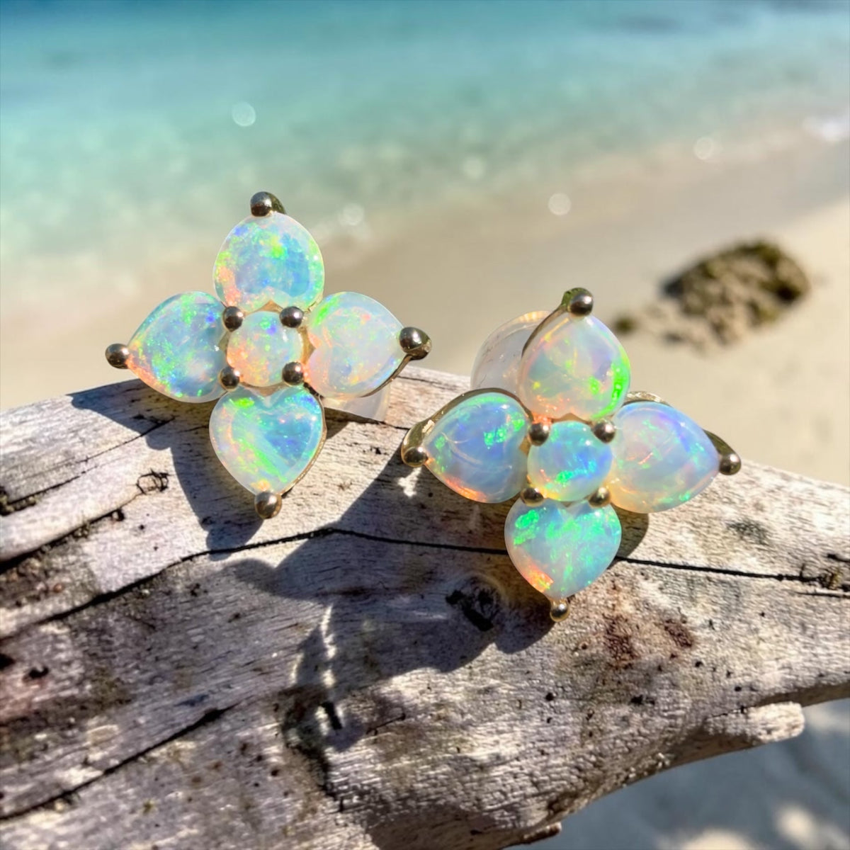 1.2ct Coober Pedy Opal Flower Stud Earrings ~ 'Hunter Valley Blossom' | 9ct Yellow Gold | Solid Australian Opal