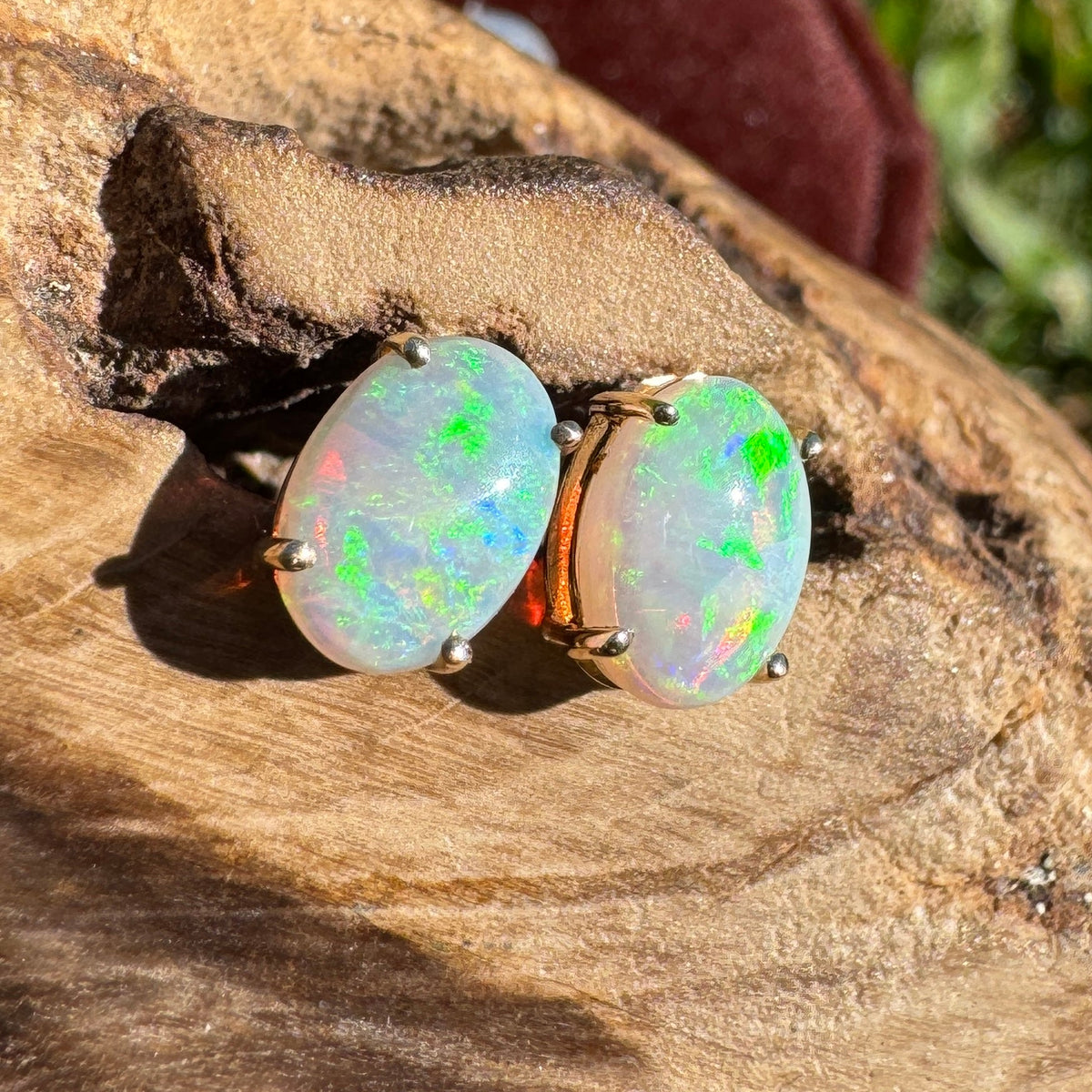1.2ct Coober Pedy Opal Stud Earrings ~ 'Warrumbungle Spectrum' | 14ct Yellow Gold | Solid Australian Opal
