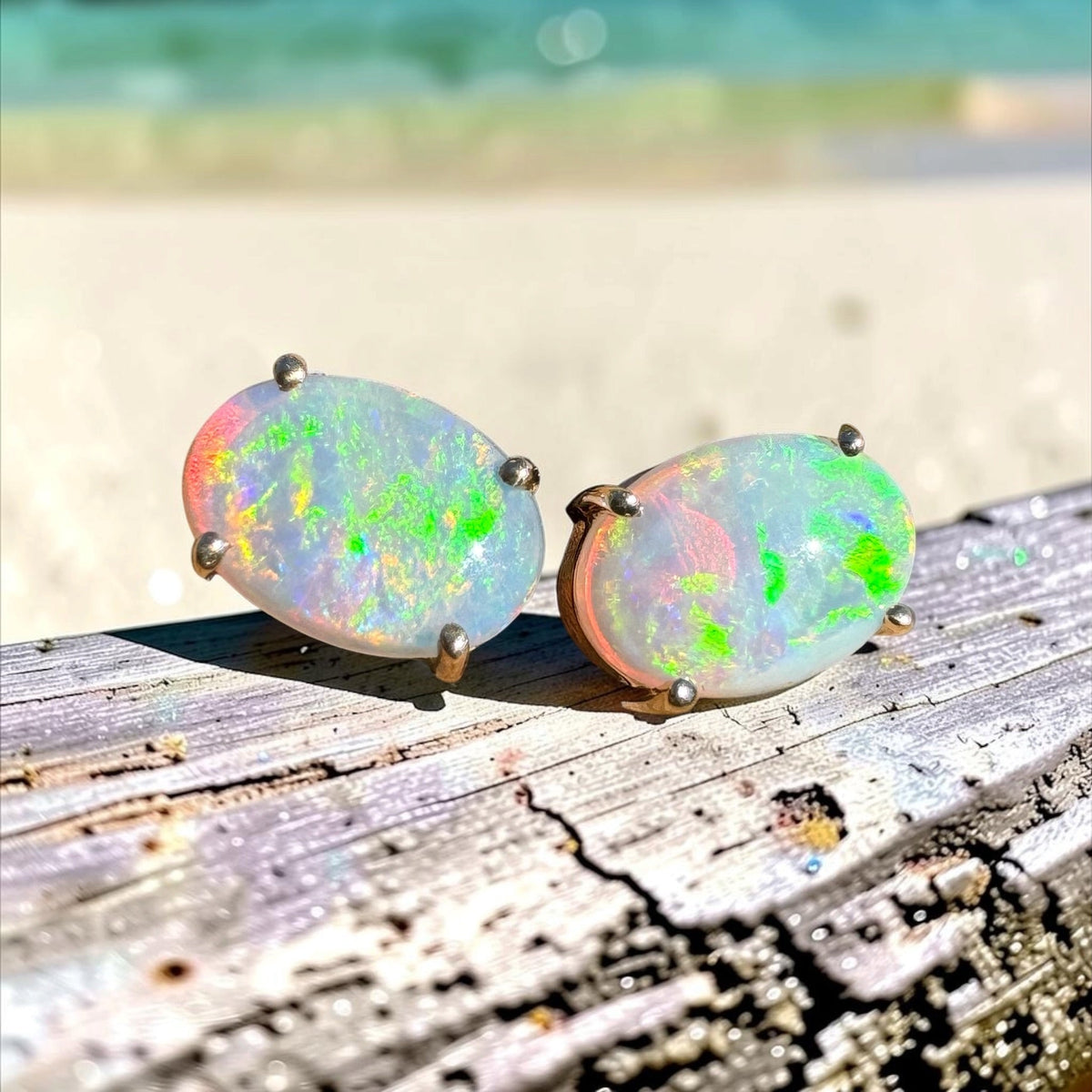 1.2ct Coober Pedy Opal Stud Earrings ~ 'Warrumbungle Spectrum' | 14ct Yellow Gold | Solid Australian Opal