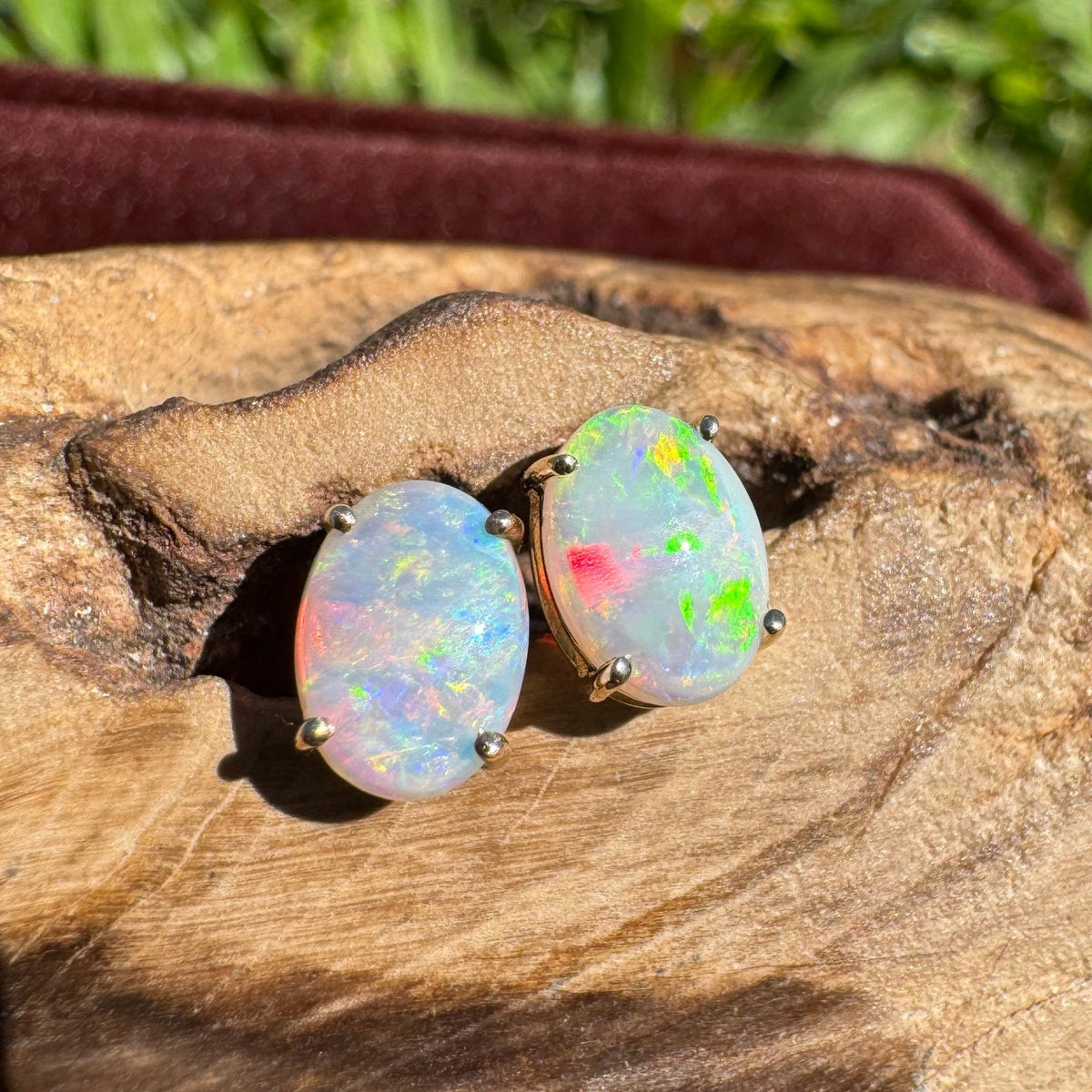 1.2ct Coober Pedy Opal Stud Earrings ~ 'Warrumbungle Spectrum' | 14ct Yellow Gold | Solid Australian Opal