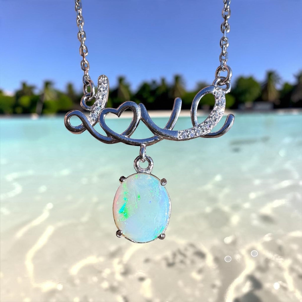 1.2ct Lightning Ridge Crystal Opal & Cubic Zirconia Pendant Necklace ~ 'Lake St Clair Love' | 925 Sterling Silver | Solid Australian Opal