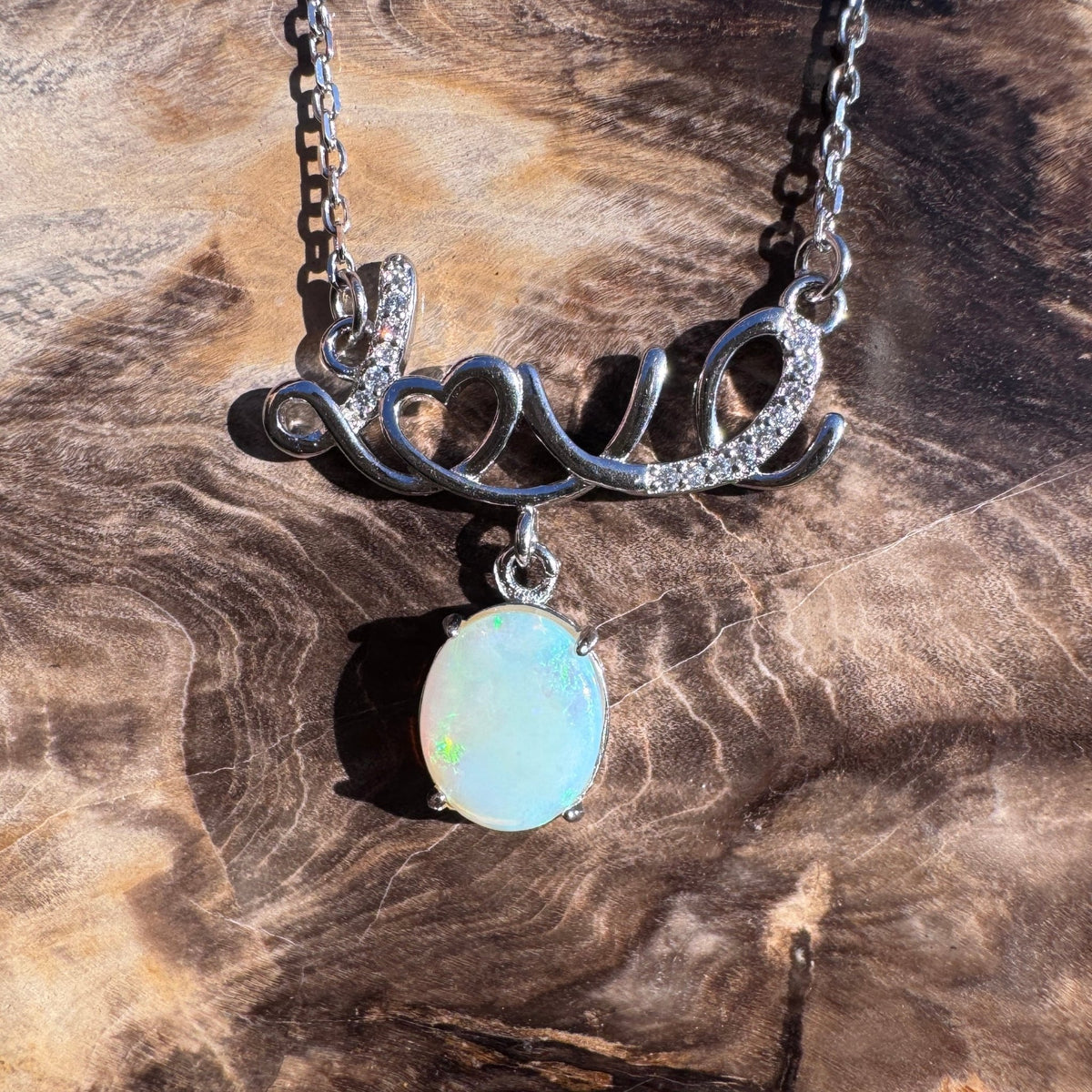 1.2ct Lightning Ridge Crystal Opal & Cubic Zirconia Pendant Necklace ~ 'Lake St Clair Love' | 925 Sterling Silver | Solid Australian Opal