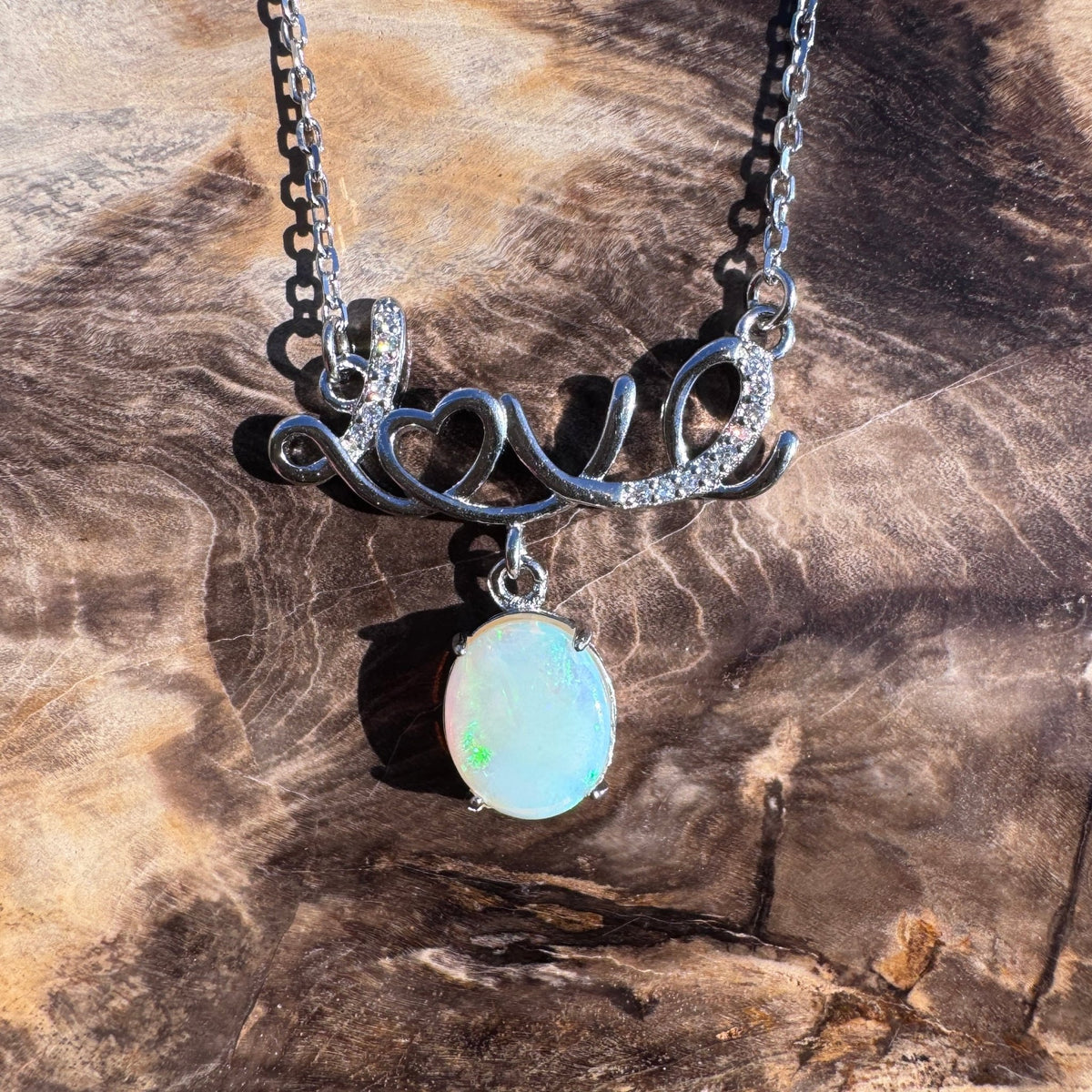 1.2ct Lightning Ridge Crystal Opal & Cubic Zirconia Pendant Necklace ~ 'Lake St Clair Love' | 925 Sterling Silver | Solid Australian Opal