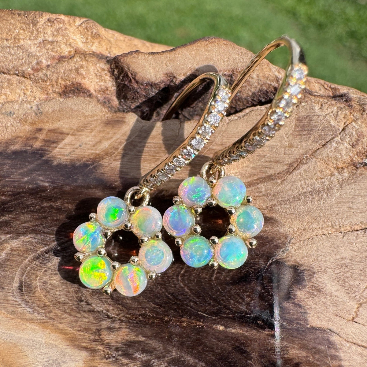 1.2ct Lightning Ridge Opal & Diamond Flower Hook Earrings ~ 'Bright Blossom Gold' | 14ct Yellow Gold | Solid Australian Opal