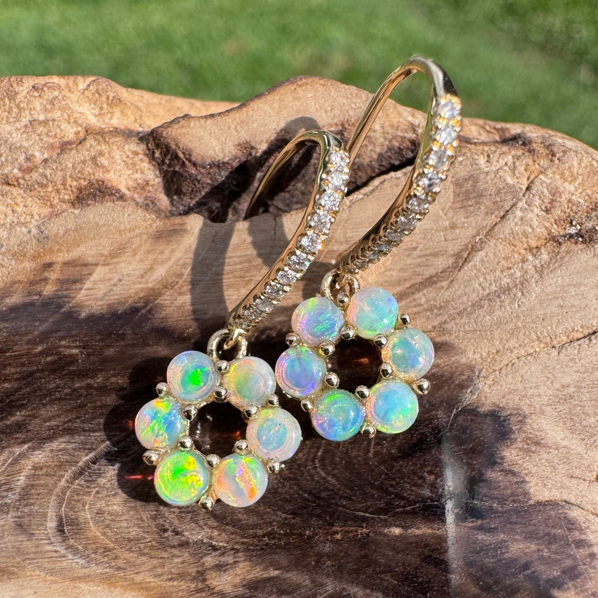 1.2ct Lightning Ridge Opal & Diamond Flower Hook Earrings ~ 'Bright Blossom Gold' | 14ct Yellow Gold | Solid Australian Opal