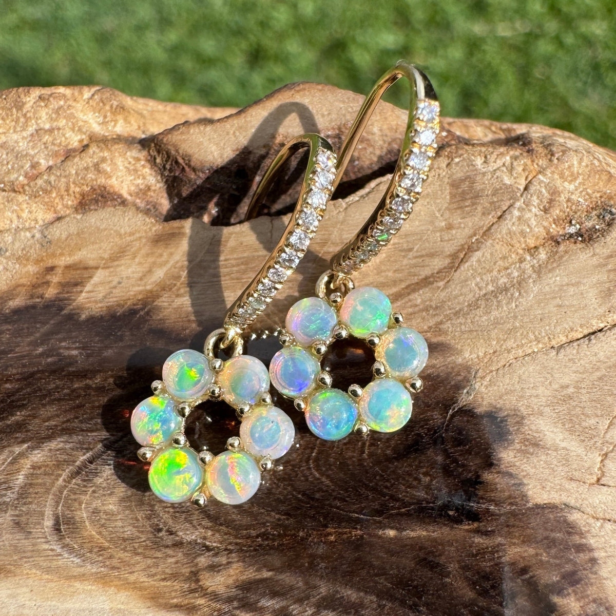 1.2ct Lightning Ridge Opal & Diamond Flower Hook Earrings ~ 'Bright Blossom Gold' | 14ct Yellow Gold | Solid Australian Opal
