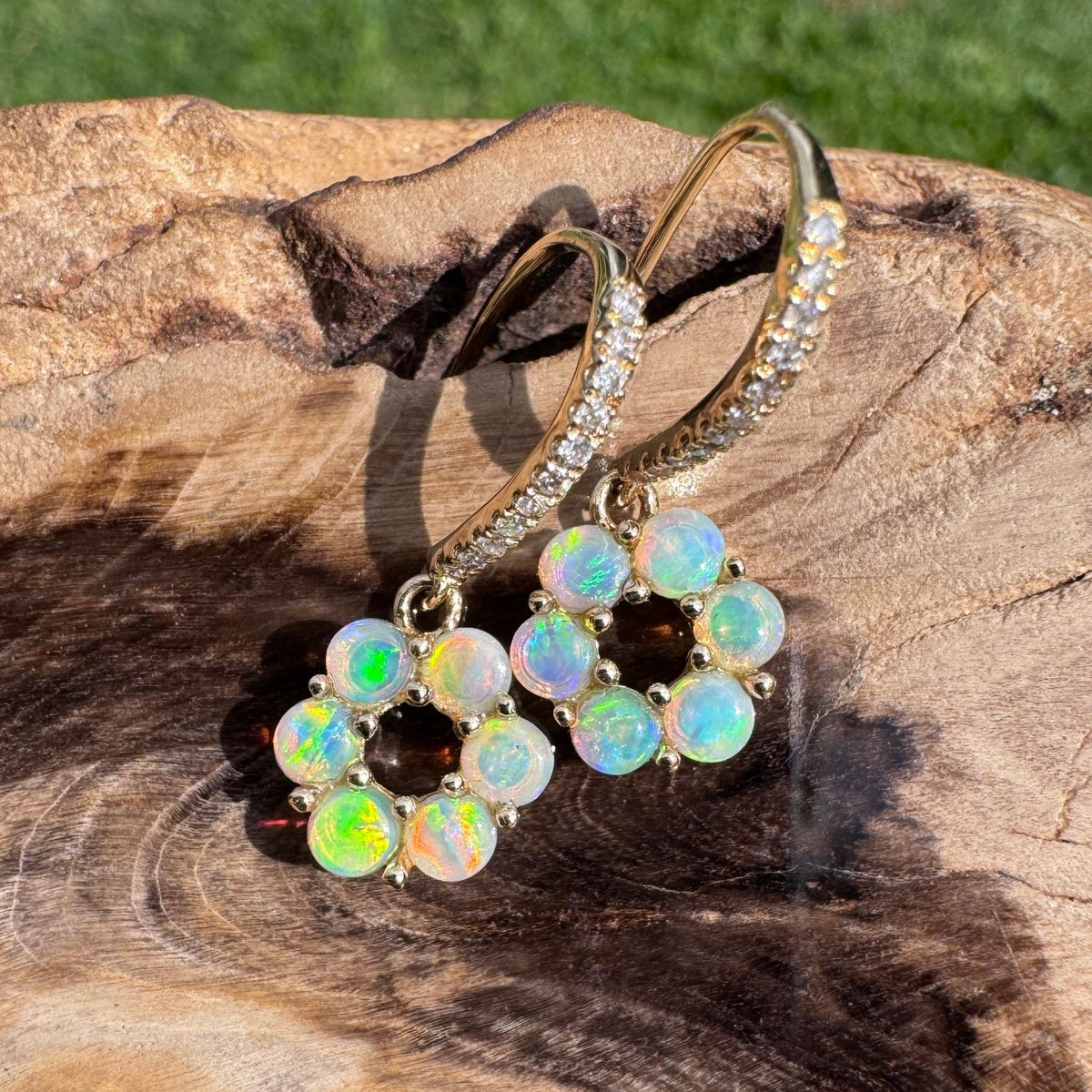 1.2ct Lightning Ridge Opal & Diamond Flower Hook Earrings ~ 'Bright Blossom Gold' | 14ct Yellow Gold | Solid Australian Opal