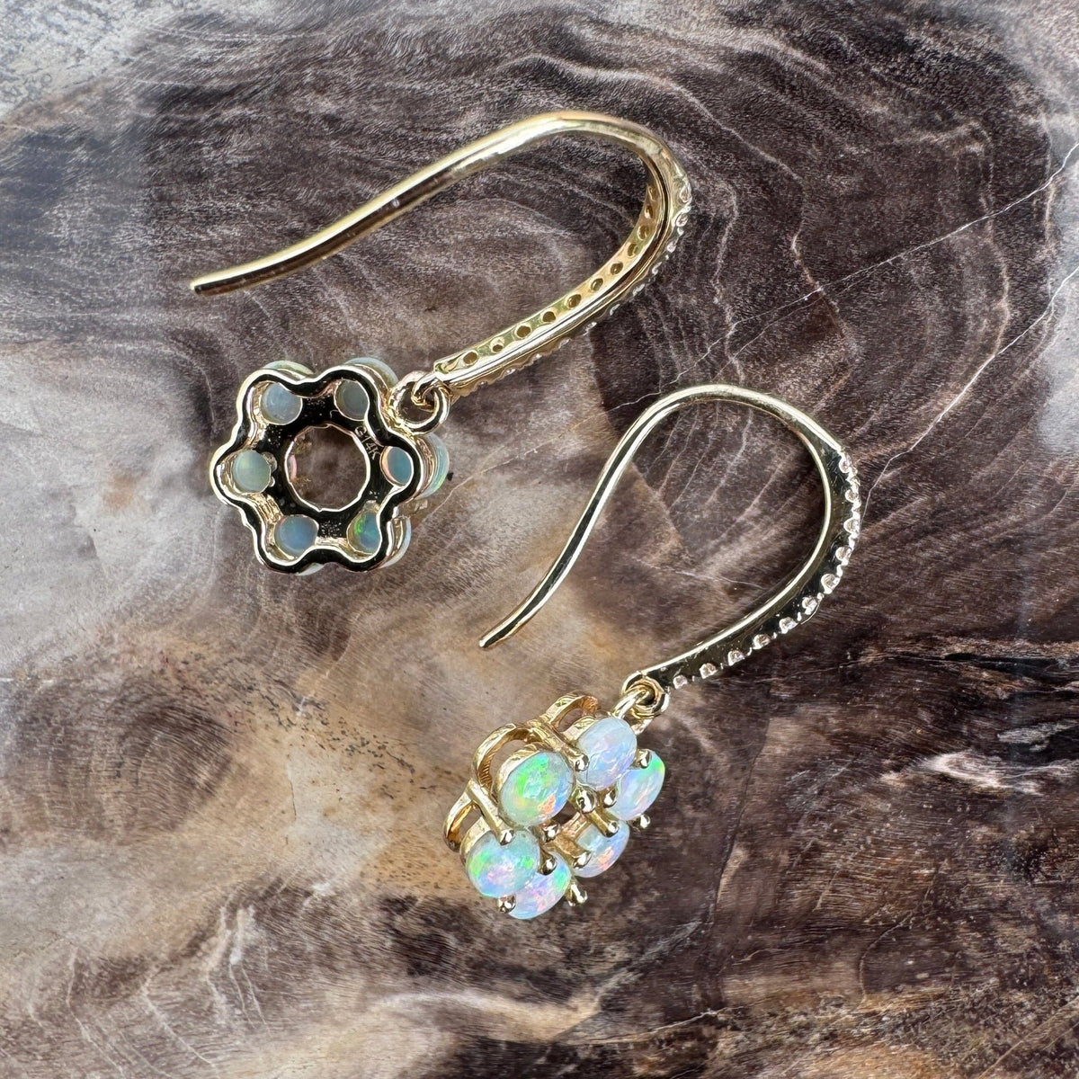 1.2ct Lightning Ridge Opal & Diamond Flower Hook Earrings ~ 'Bright Blossom Gold' | 14ct Yellow Gold | Solid Australian Opal