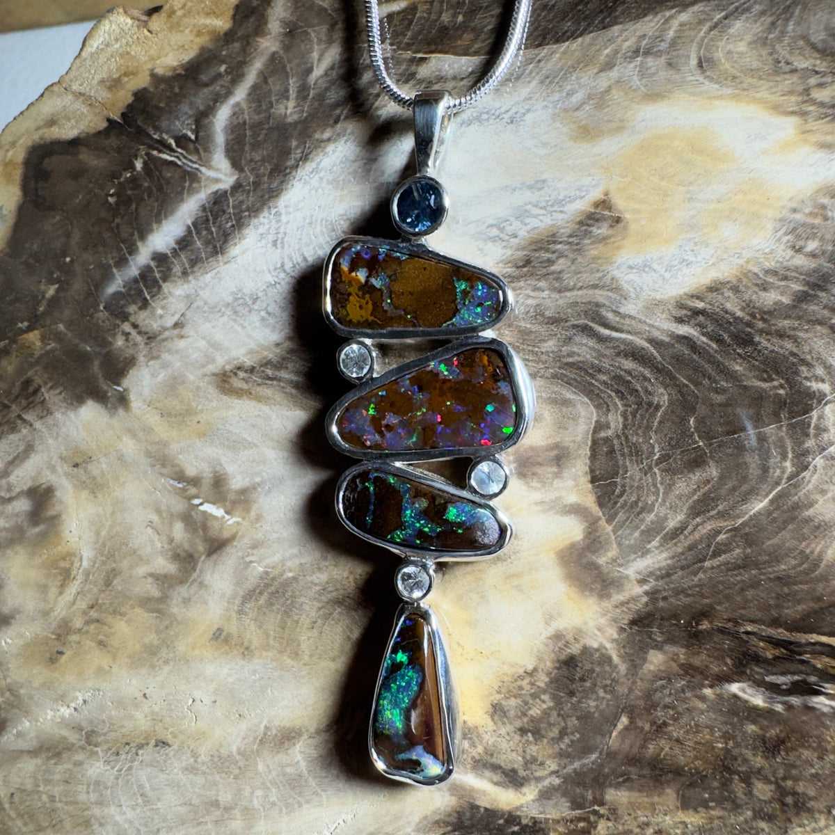 12ct Queensland Boulder Opal Pendant Necklace with 0.6ct & 0.2ct Queensland Sapphire ~ 'Great Barrier Reef Grandeur' | 925 Sterling Silver | Solid Australian Opal