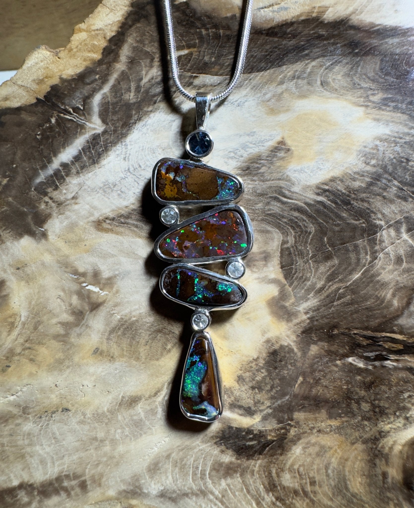 12ct Queensland Boulder Opal Pendant Necklace with 0.6ct & 0.2ct Queensland Sapphire ~ 'Great Barrier Reef Grandeur' | 925 Sterling Silver | Solid Australian Opal