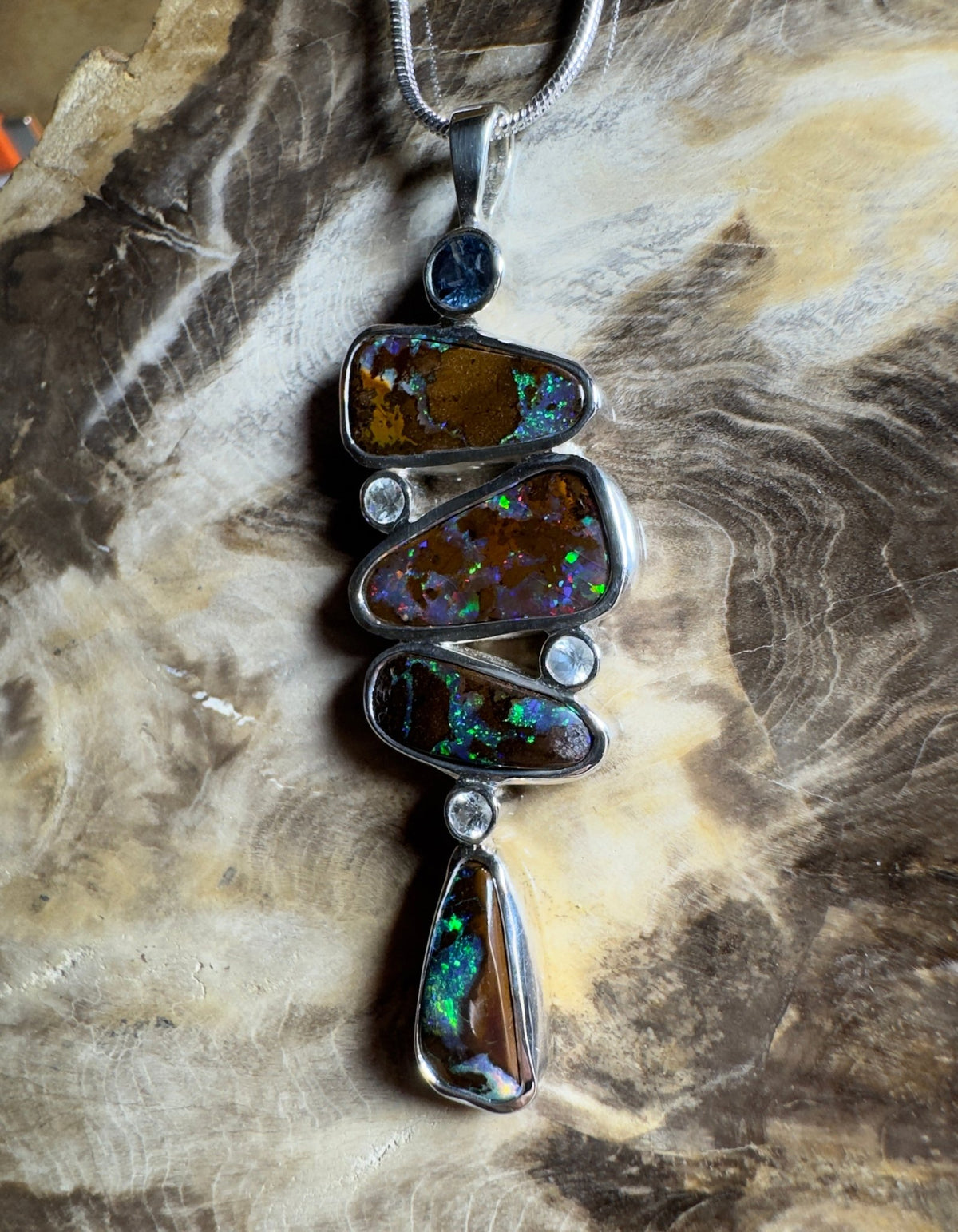 12ct Queensland Boulder Opal Pendant Necklace with 0.6ct & 0.2ct Queensland Sapphire ~ 'Great Barrier Reef Grandeur' | 925 Sterling Silver | Solid Australian Opal