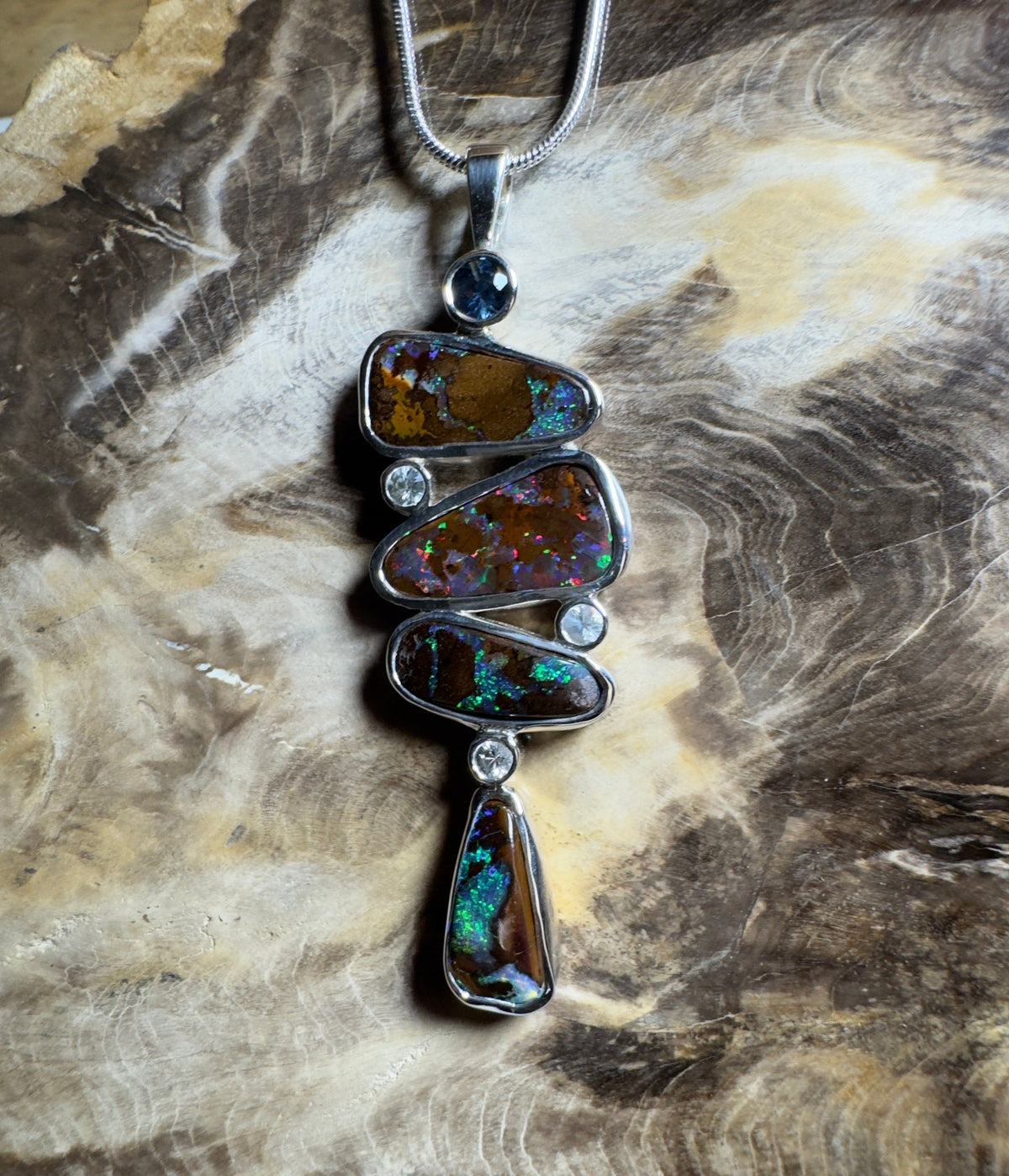 12ct Queensland Boulder Opal Pendant Necklace with 0.6ct & 0.2ct Queensland Sapphire ~ 'Great Barrier Reef Grandeur' | 925 Sterling Silver | Solid Australian Opal
